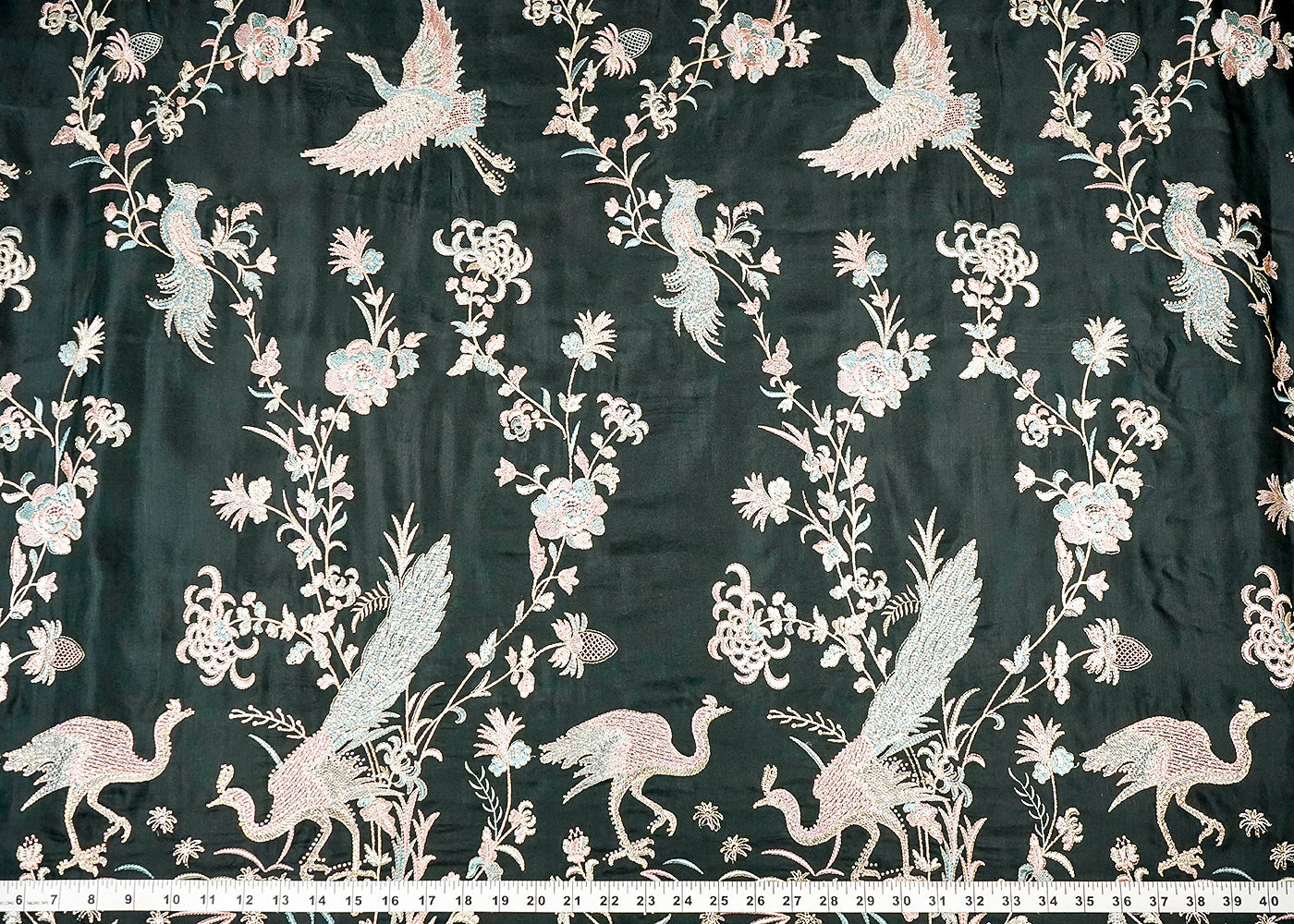 Bottle Green Silk Fabric With All Over Thread, Zari, Sequins And Swarvoski Work 16307