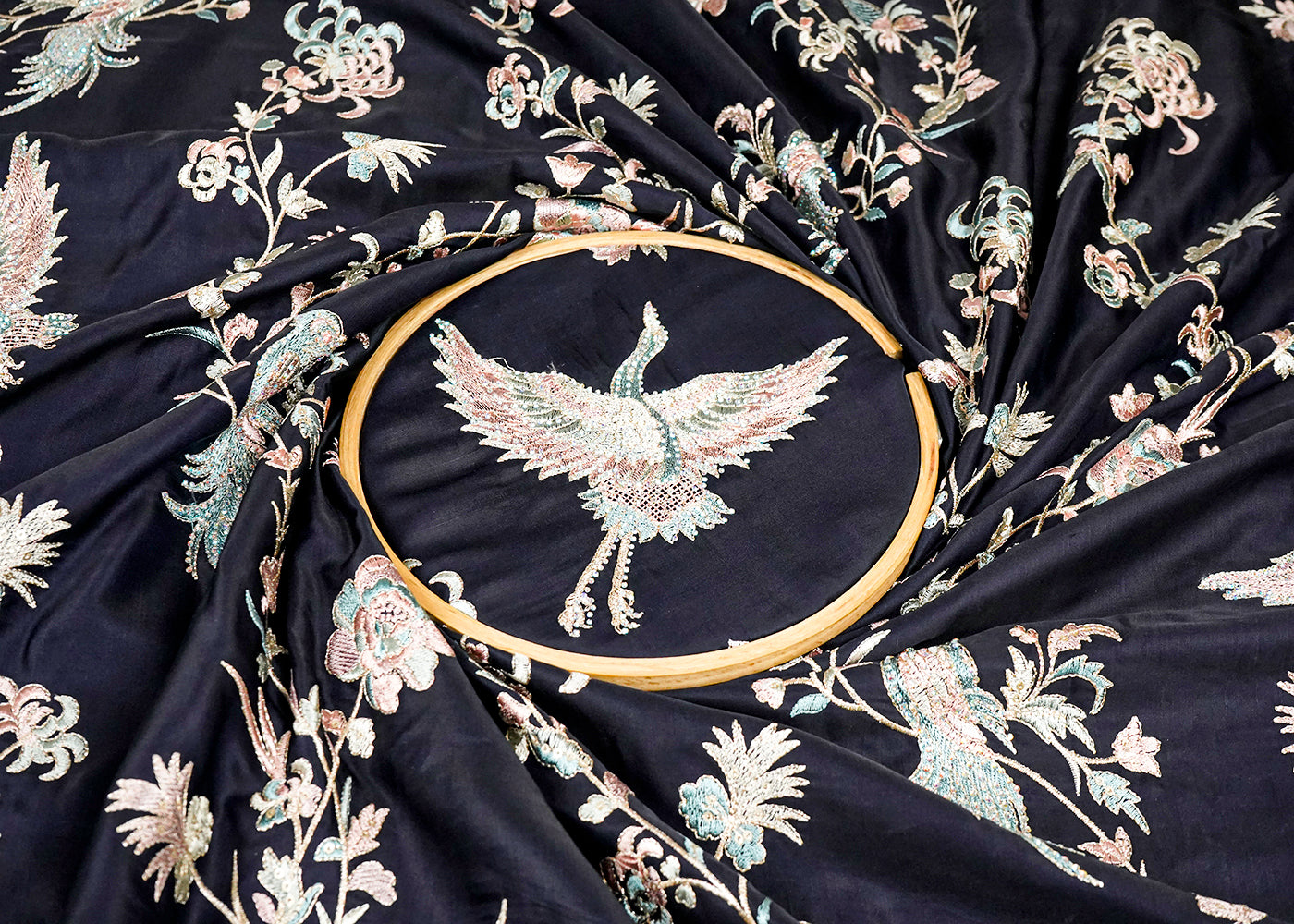 Navy Blue Silk Fabric With All Over Thread, Zari, Sequins And Swarvoski Work 16308