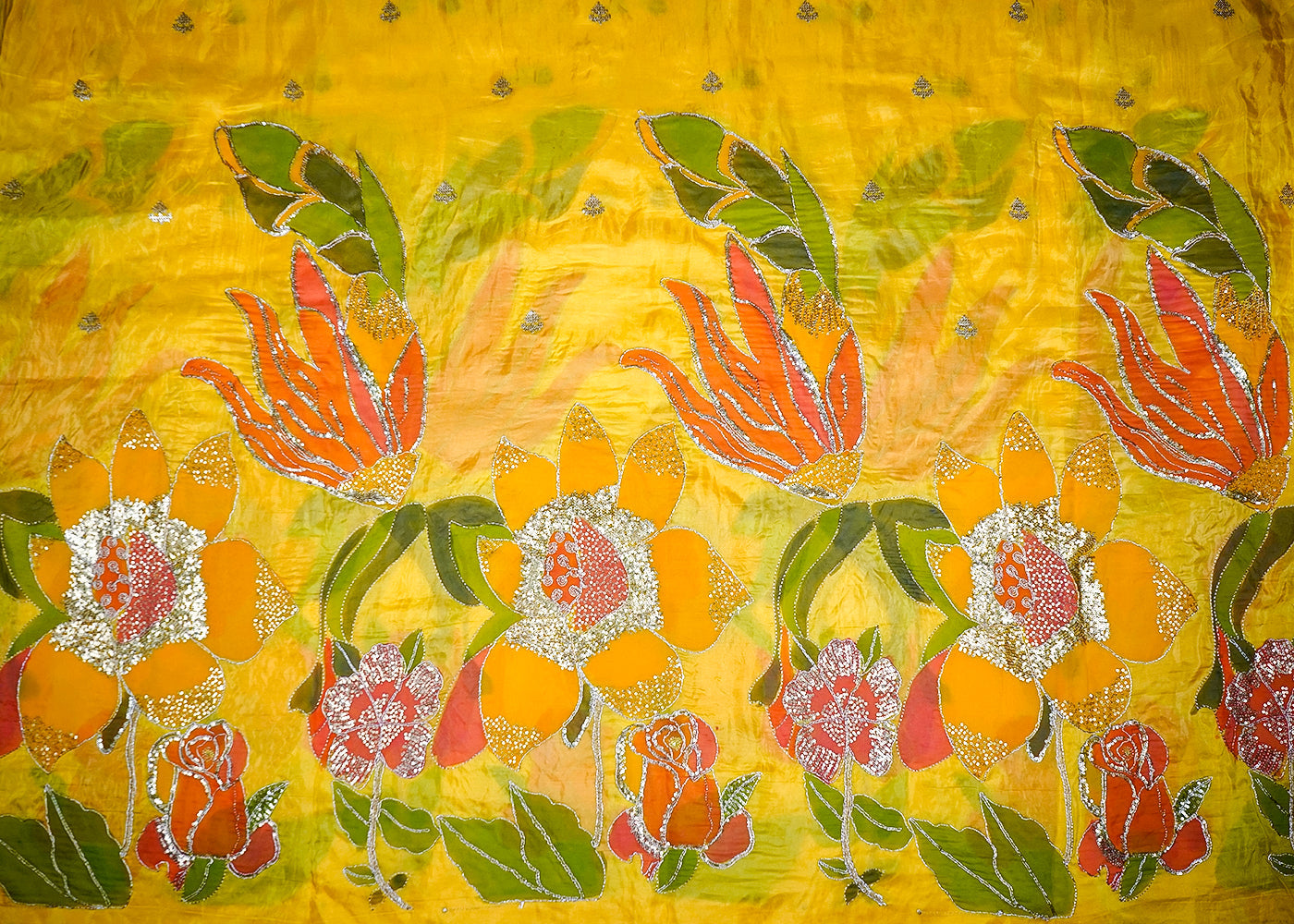 Yellow Silk Fabric With All Over Zari And Sequins Buti With One Side Heavy Border 16312