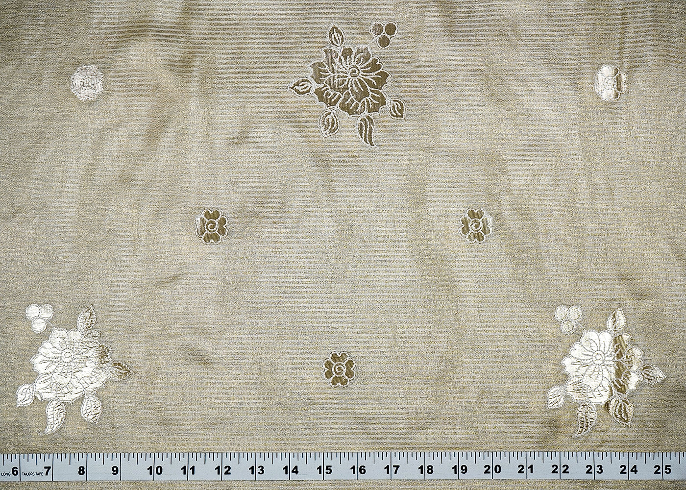 Golden Tissue Fabric With All Over Gotapatti And Thread Work With Stripes Base 16315