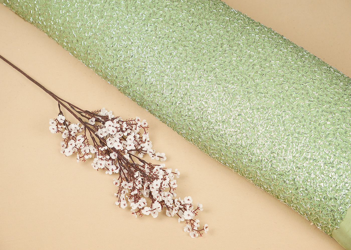 Pastel Green Georgette Fabric With All Over Bead And Sequins Work 16319