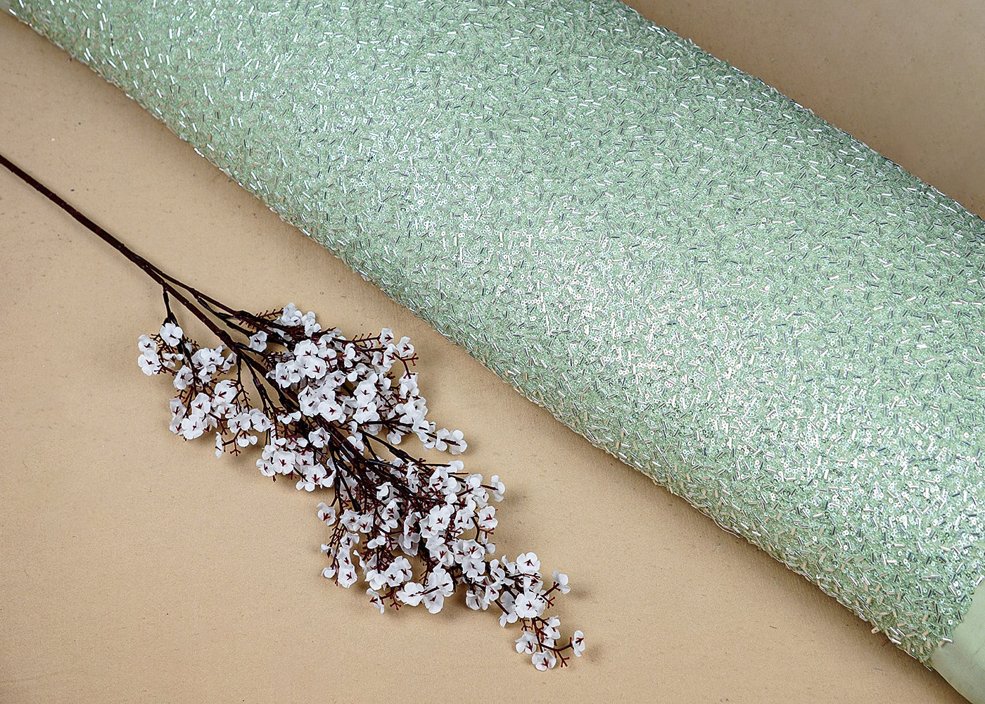 Pastel Green Georgette Fabric With All Over Bead And Sequins Work 16319