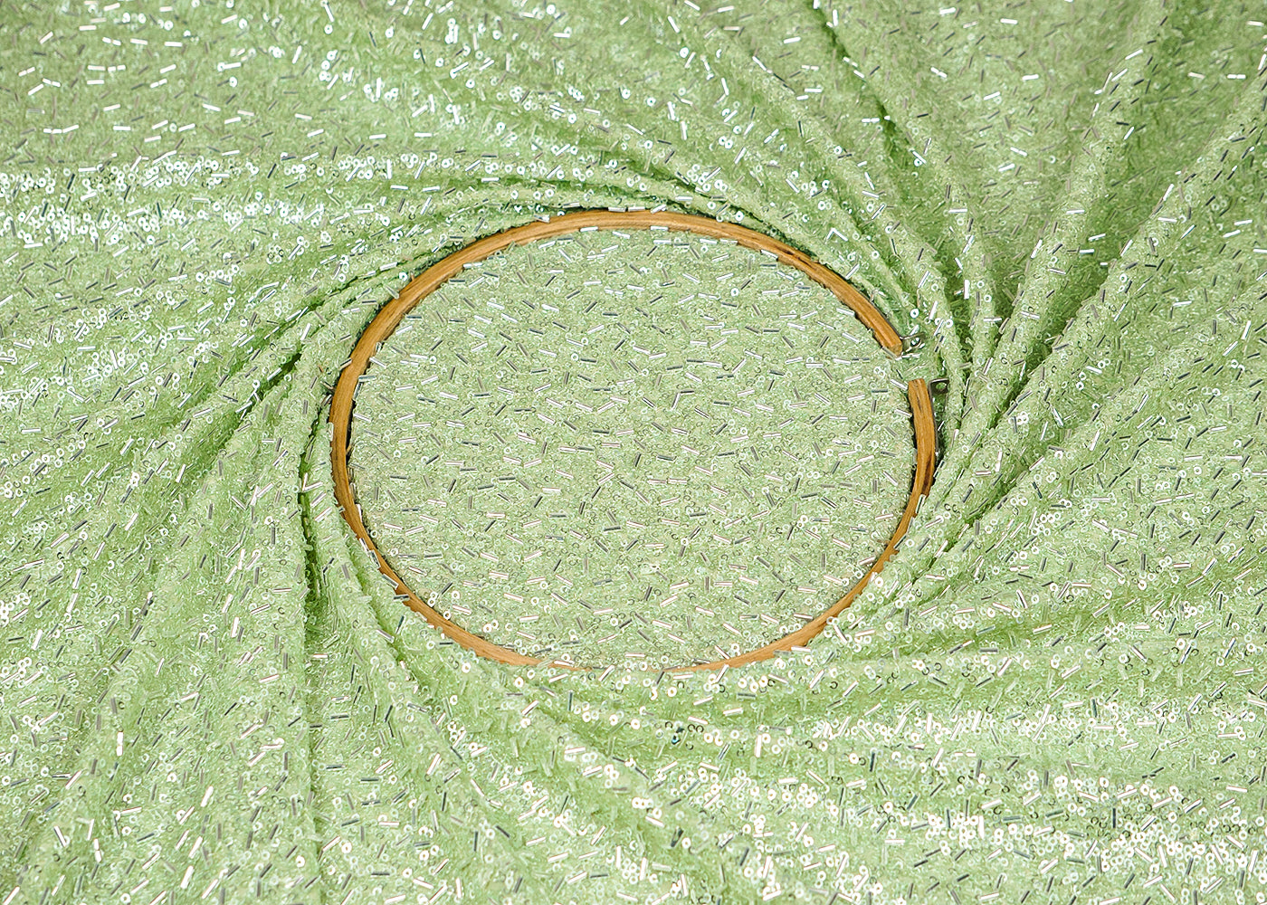 Pastel Green Georgette Fabric With All Over Bead And Sequins Work 16319