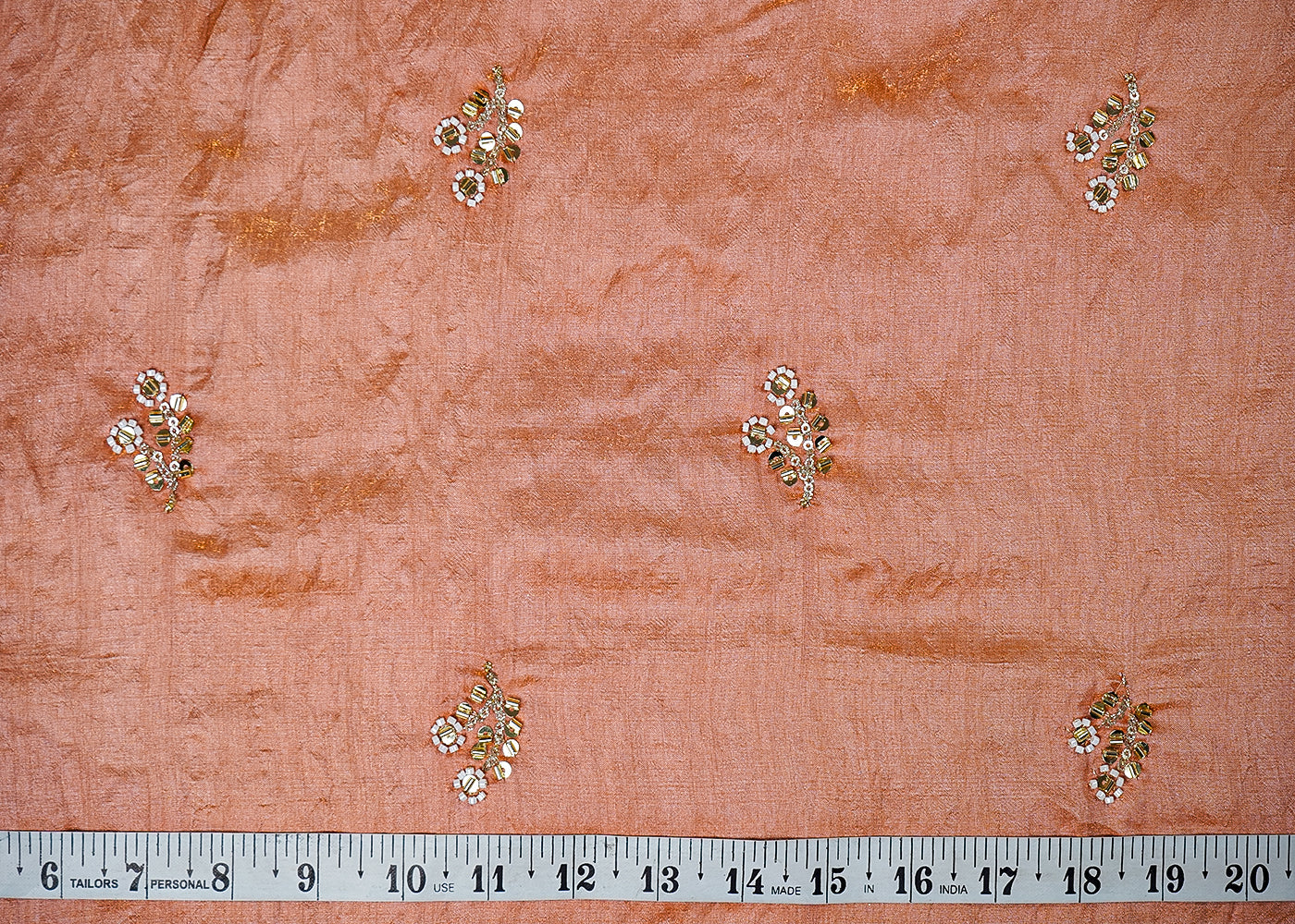 Peach Diamond Silk Fabric With All Over Buti Of Sequins, Katdana And Bead Work 16328