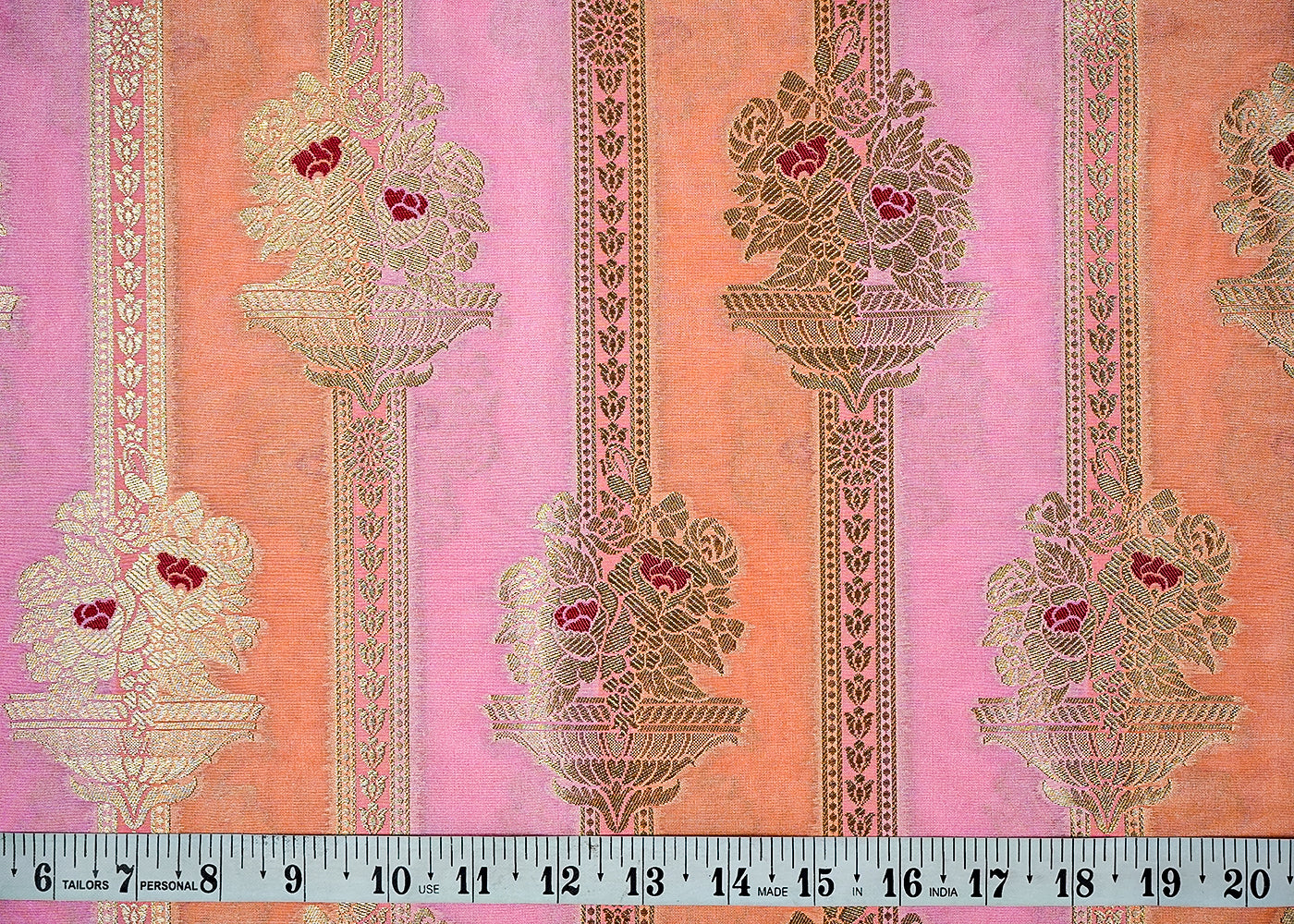 Peach Banarasi Brocade Fabric With All Over Thread And Golden Zari Handloom 16330