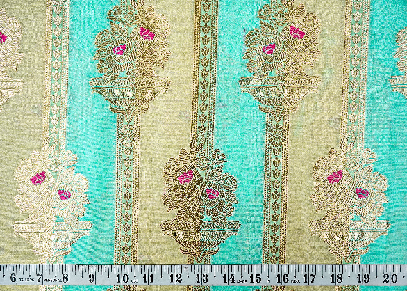 Mint Green Banarasi Brocade Fabric With All Over Thread And Golden Zari Handloom 16332