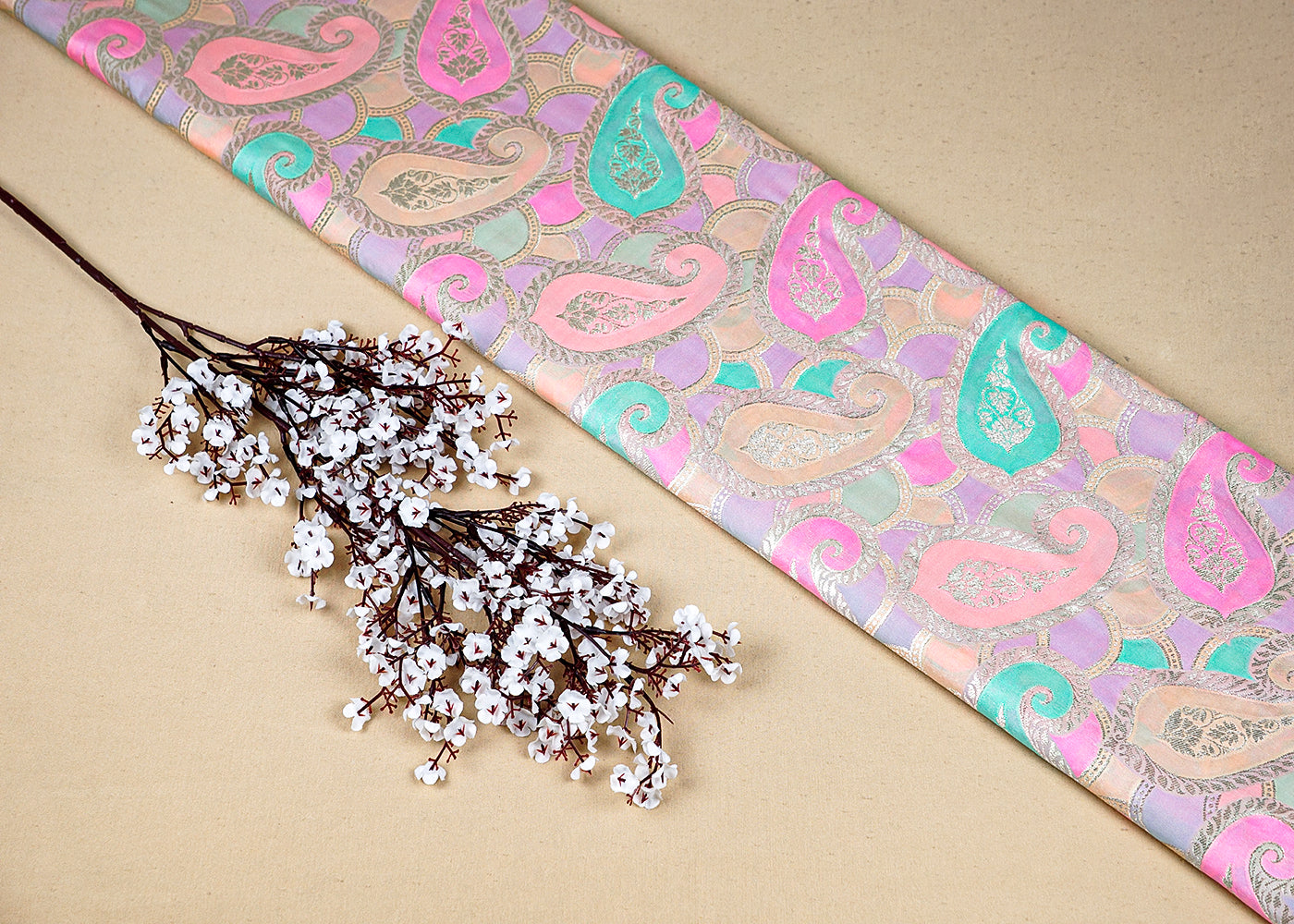 Banarasi Brocade Zari & Meena Buti Weaving Fabric-Peach main image 1
