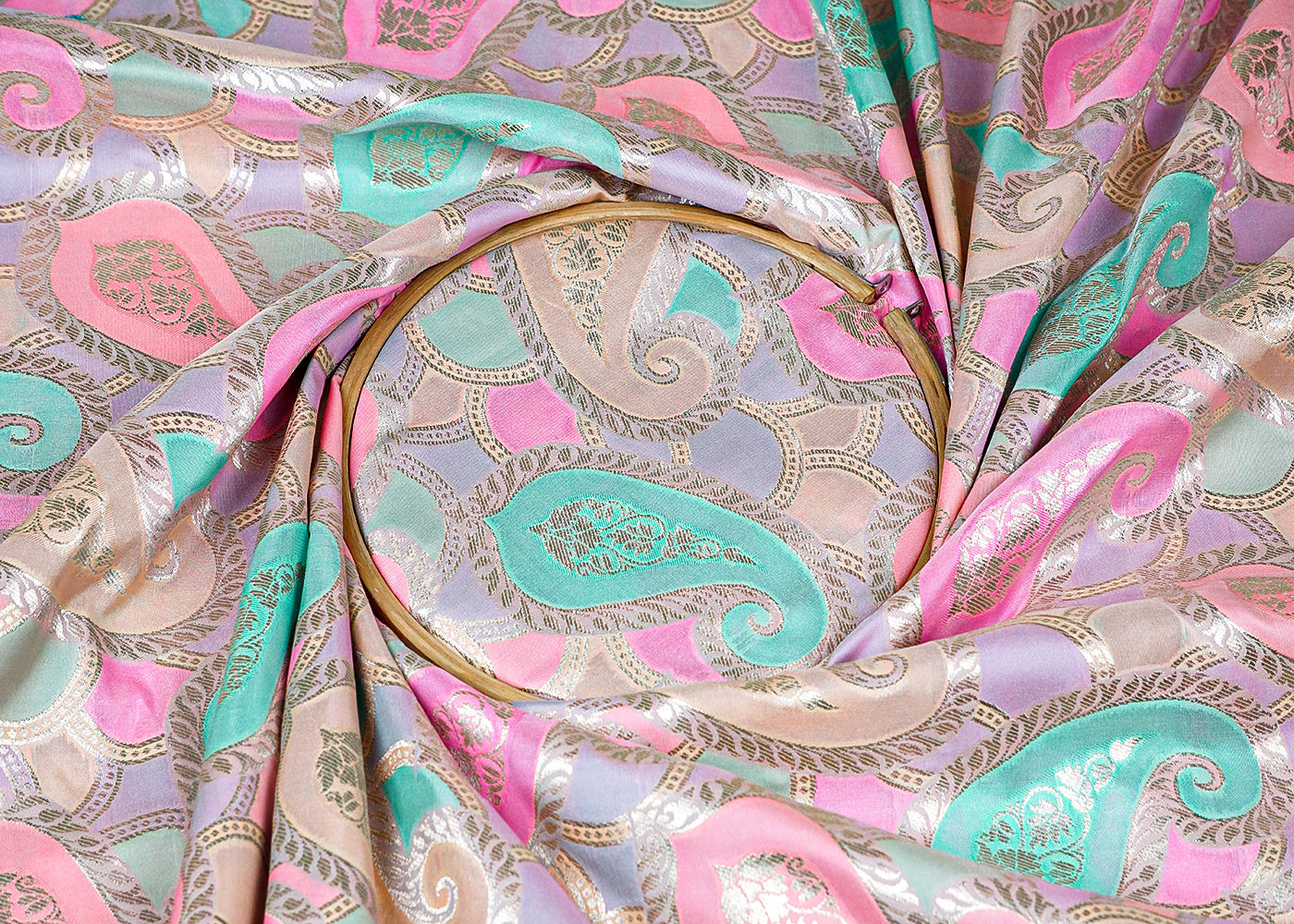 Peach Banarasi Brocade Fabric With All Over Golden Zari Handloom 16333