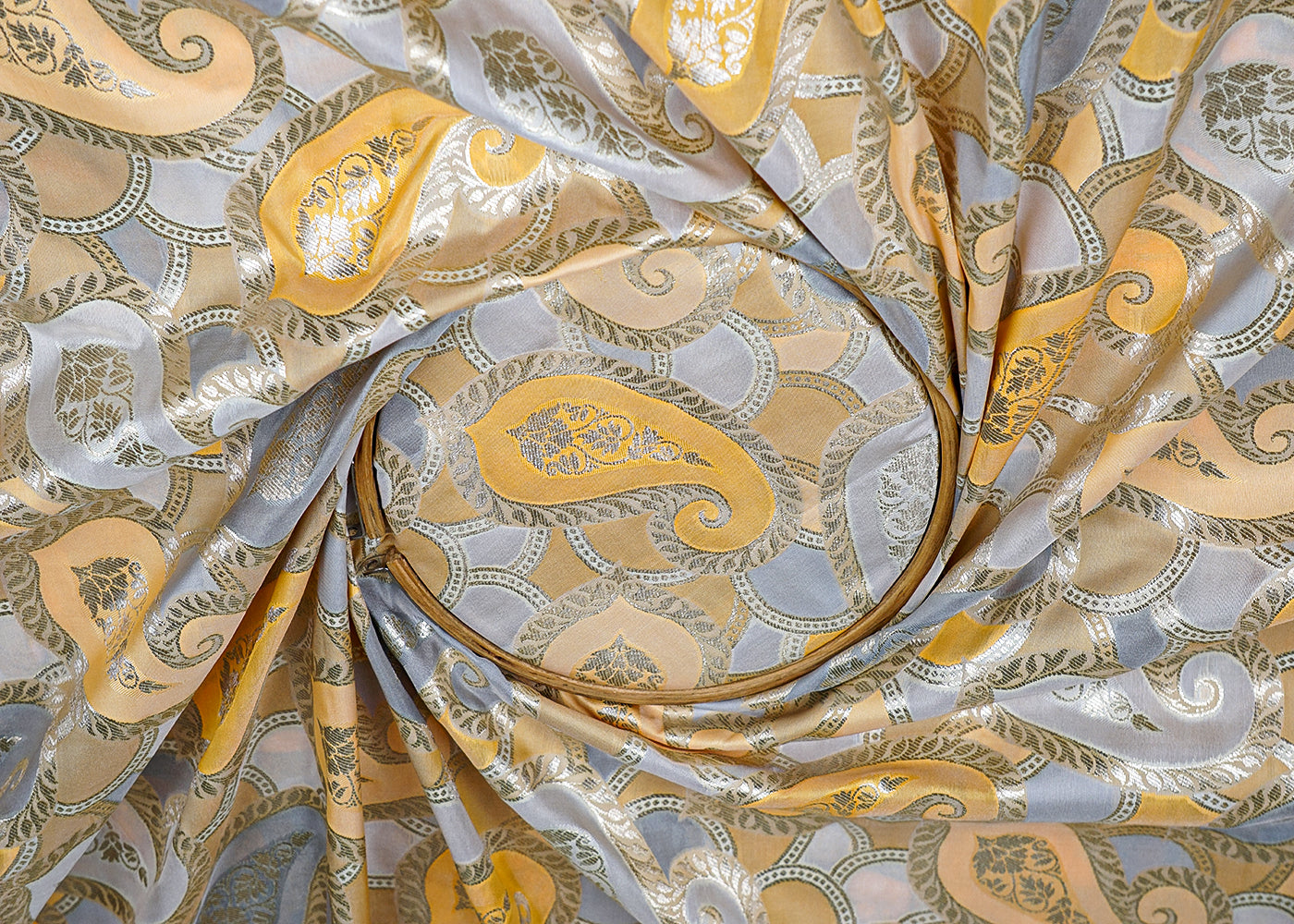 Yellow Banarasi Brocade Fabric With All Over Golden Zari Handloom 16336