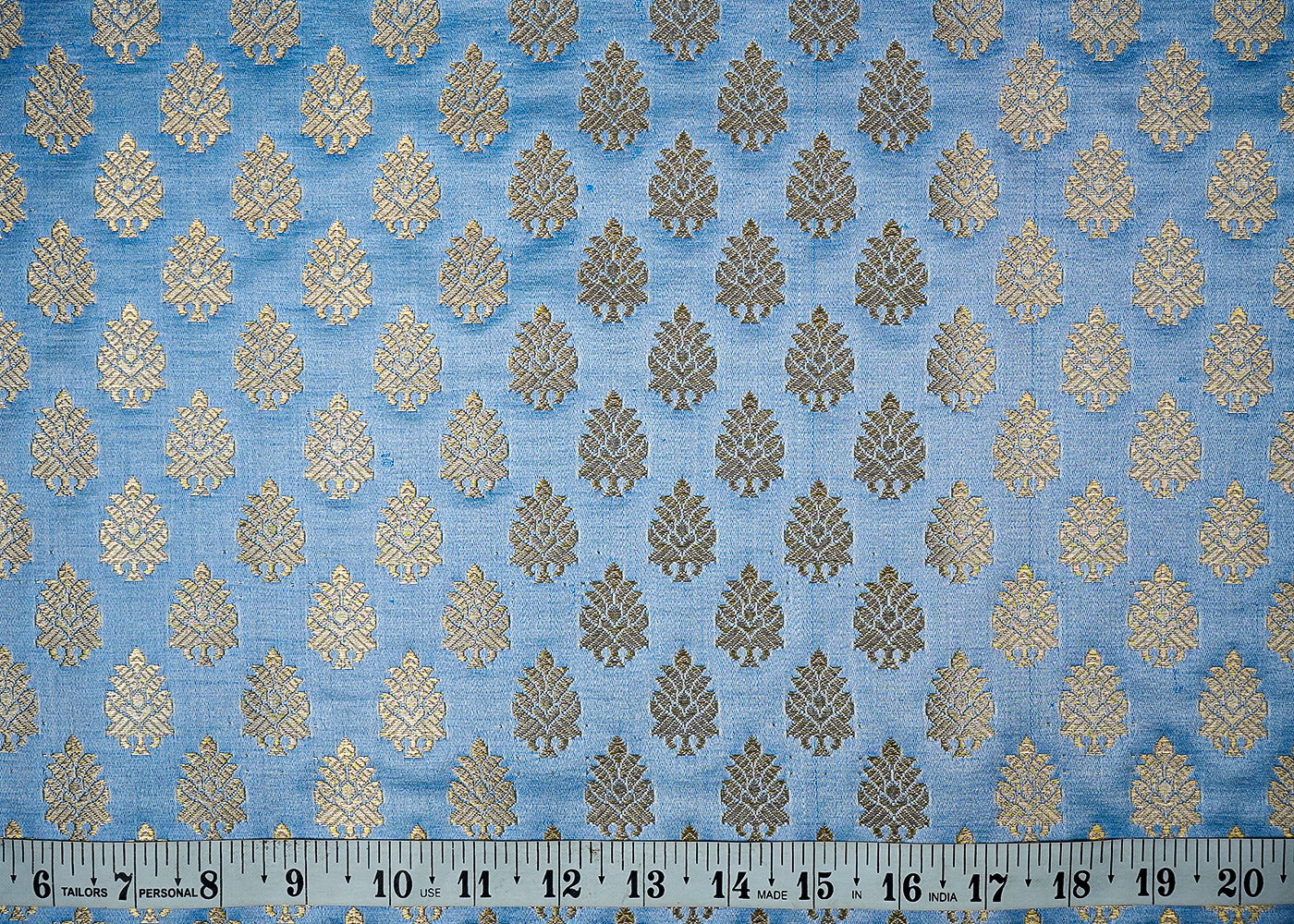 Blue Banarasi Brocade Fabric With All Over Golden Zari Handloom 16338