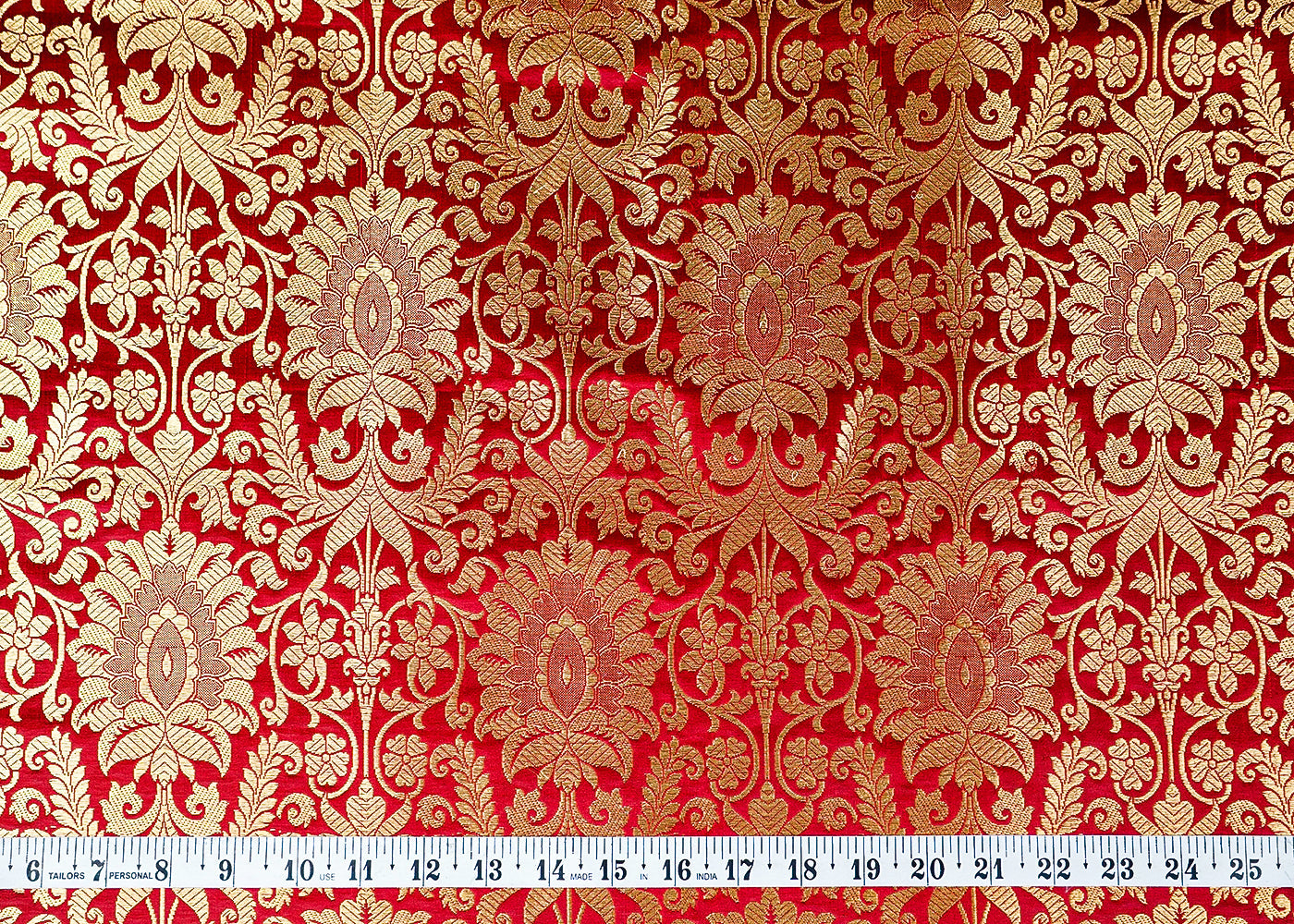 Wine Banarasi Brocade Fabric With All Over Golden Zari Handloom 16339