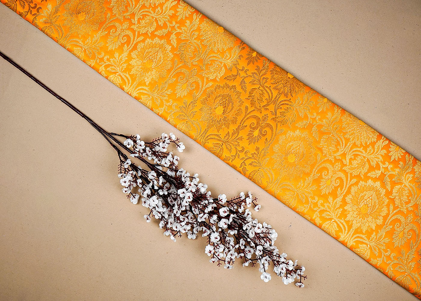 Yellow Banarasi Brocade Fabric With All Over Golden Zari Handloom 16340