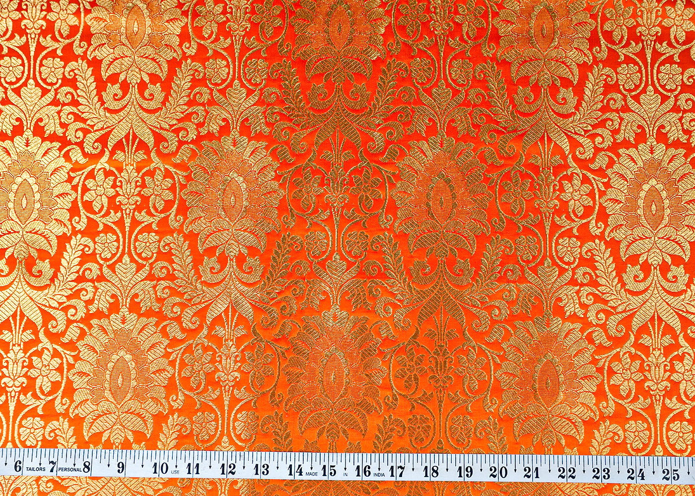 Orange Banarasi Brocade Fabric With All Over Golden Zari Handloom 16343