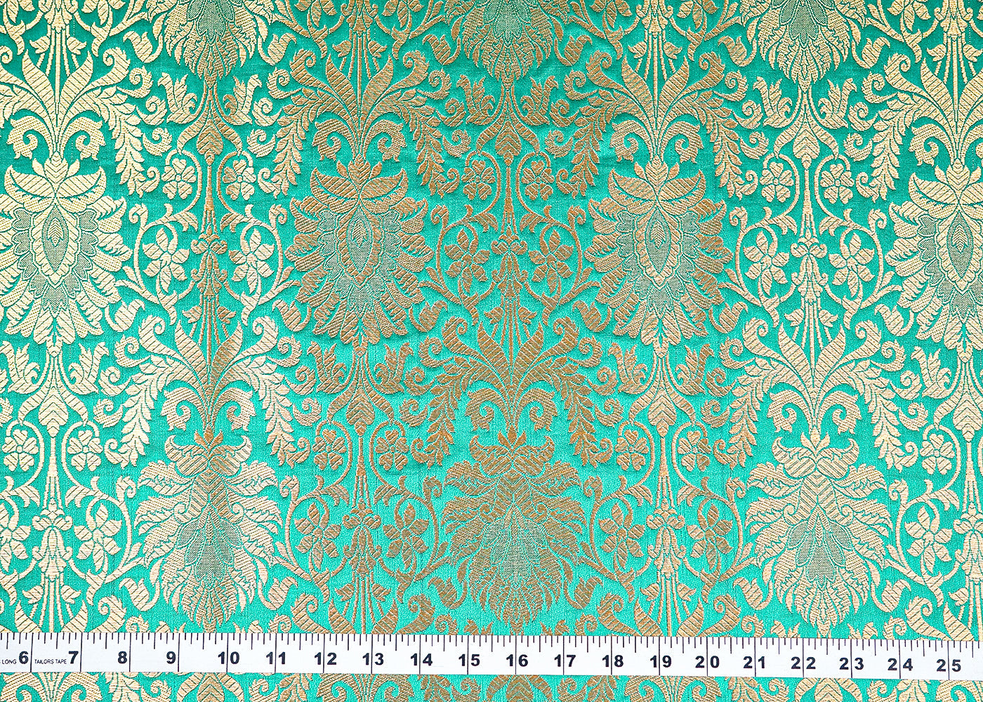 Green Banarasi Brocade Fabric With All Over Golden Zari Handloom 16344