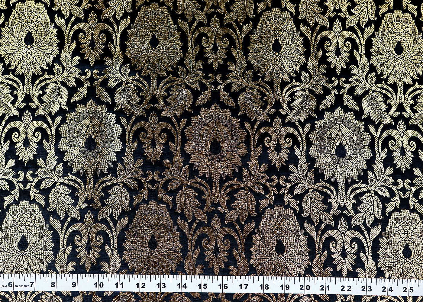 Black Banarasi Brocade Fabric With All Over Golden Zari Handloom 16349