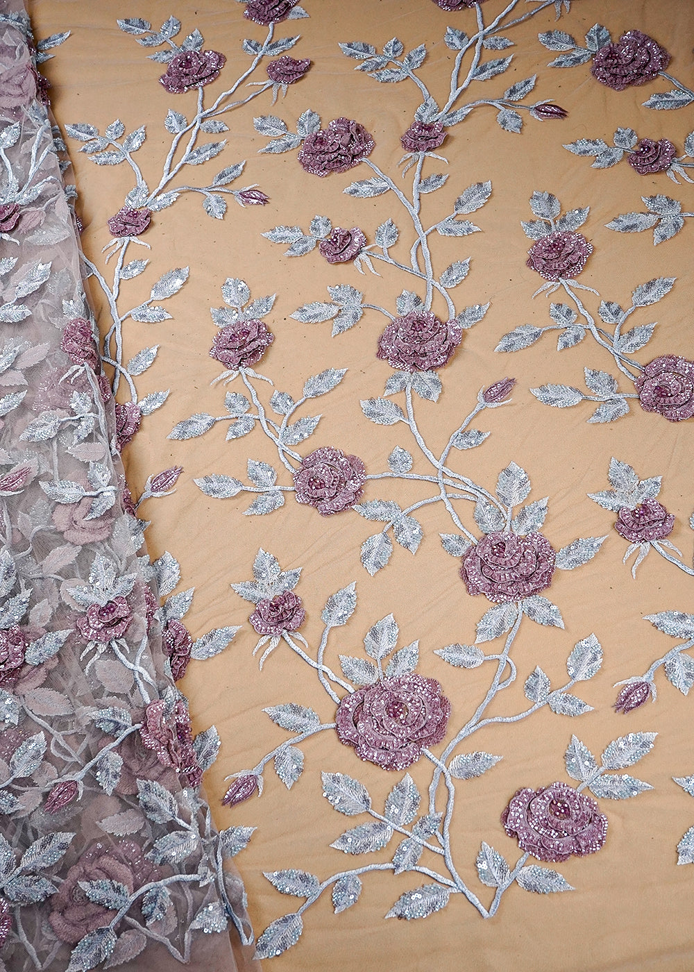 Onion Imported Net Fabric With All Over Flowers Of Thread, Sequins And Bead Work 16354