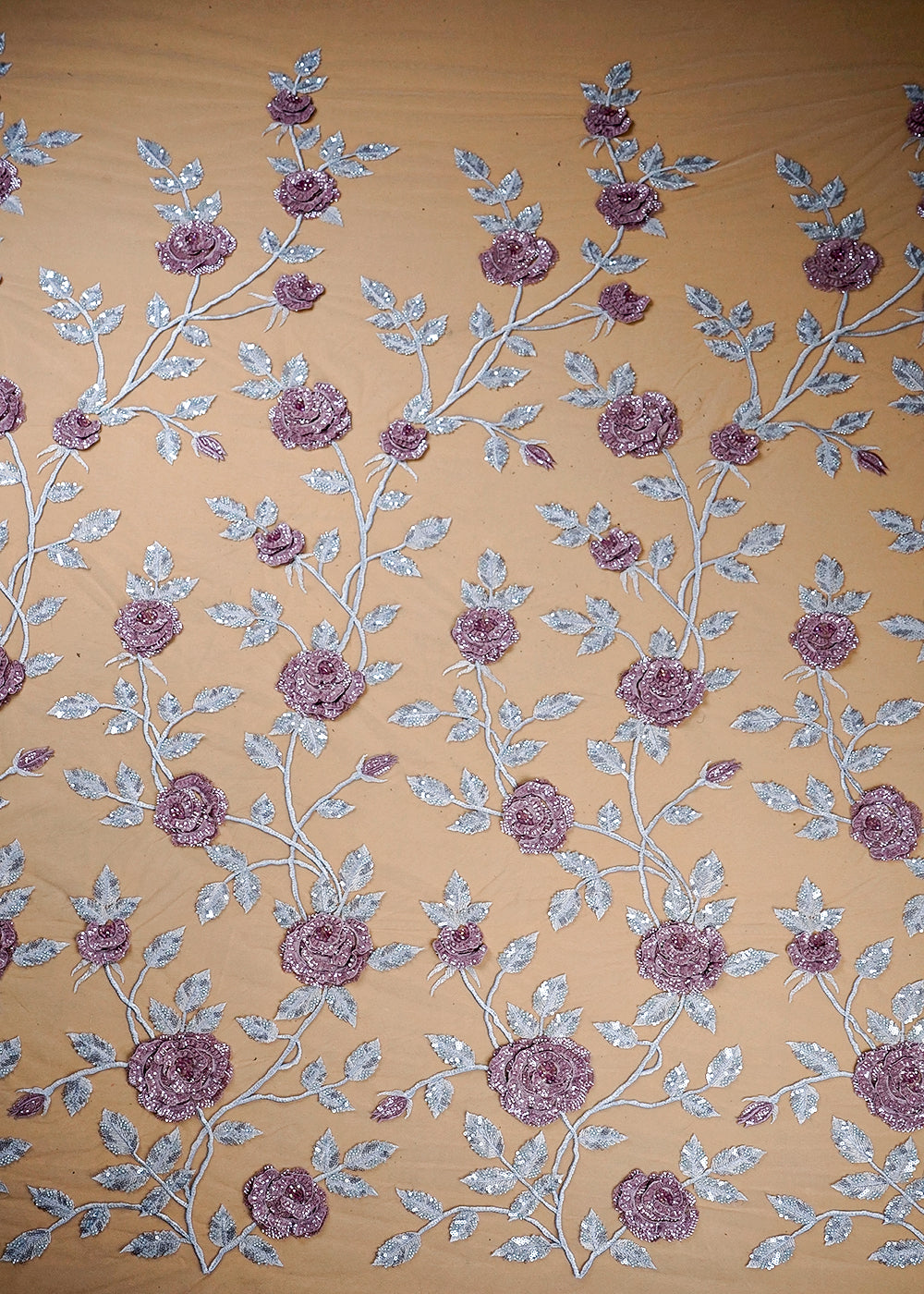 Onion Imported Net Fabric With All Over Flowers Of Thread, Sequins And Bead Work 16354