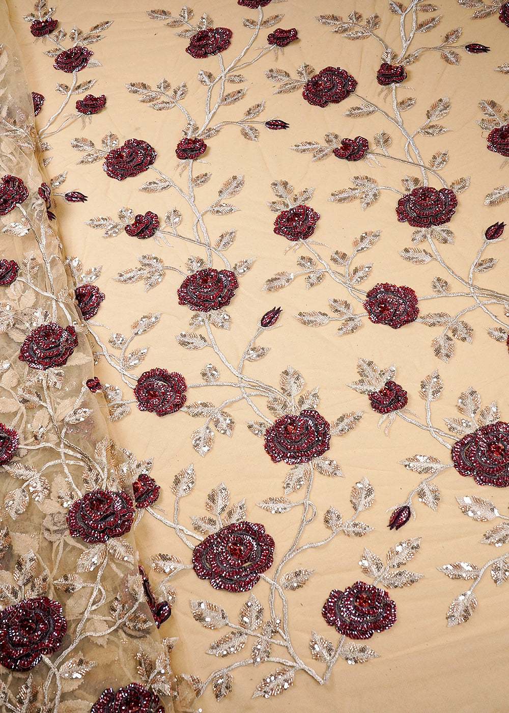 Chiku Imported Net Fabric With All Over Flowers Of Thread, Sequins And Bead Work 16355