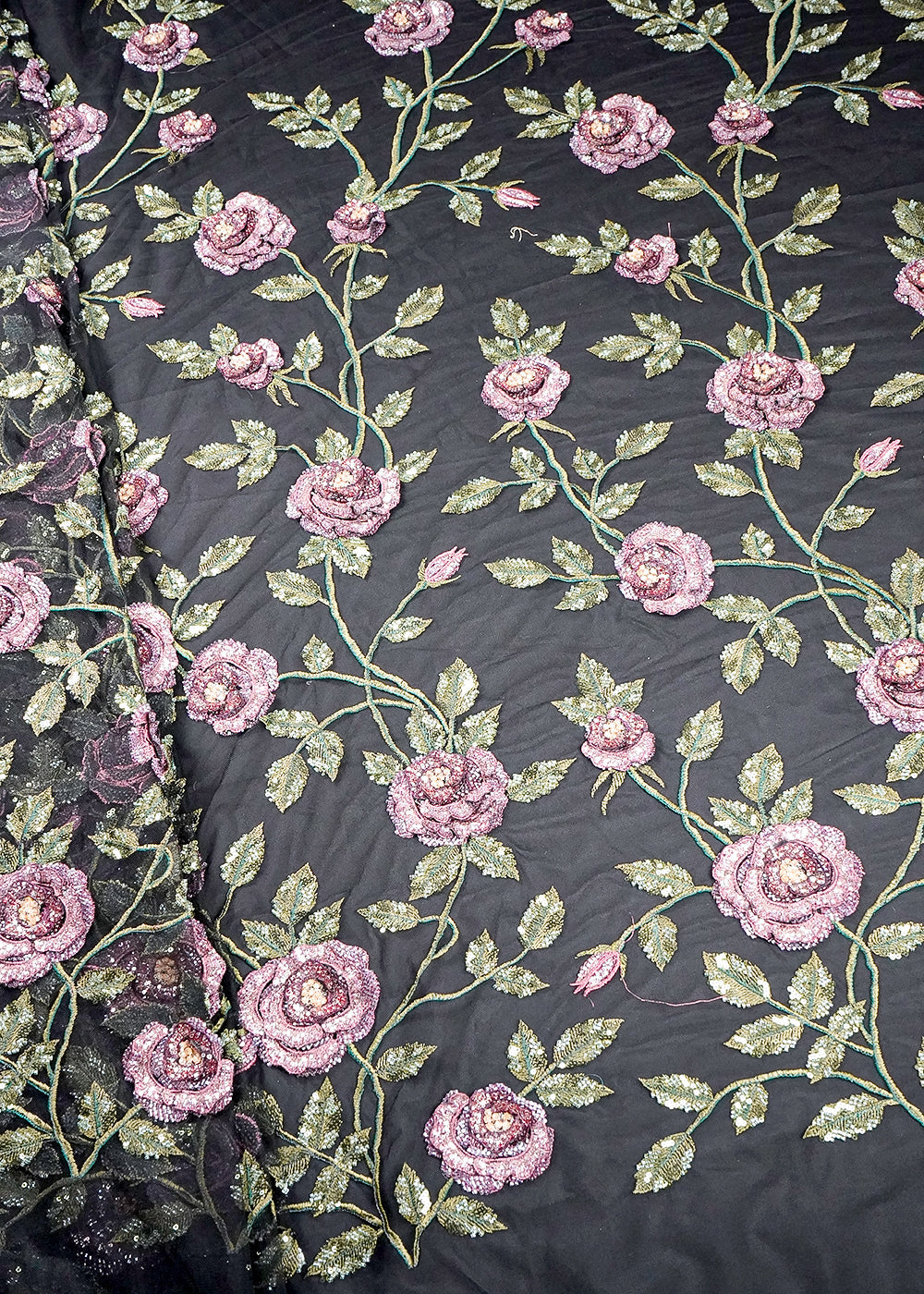 Black Imported Net Fabric With All Over Flowers Of Thread, Sequins And Bead Work 16356