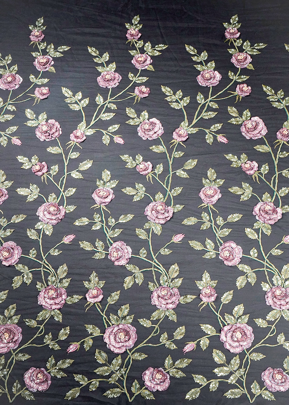 Black Imported Net Fabric With All Over Flowers Of Thread, Sequins And Bead Work 16356