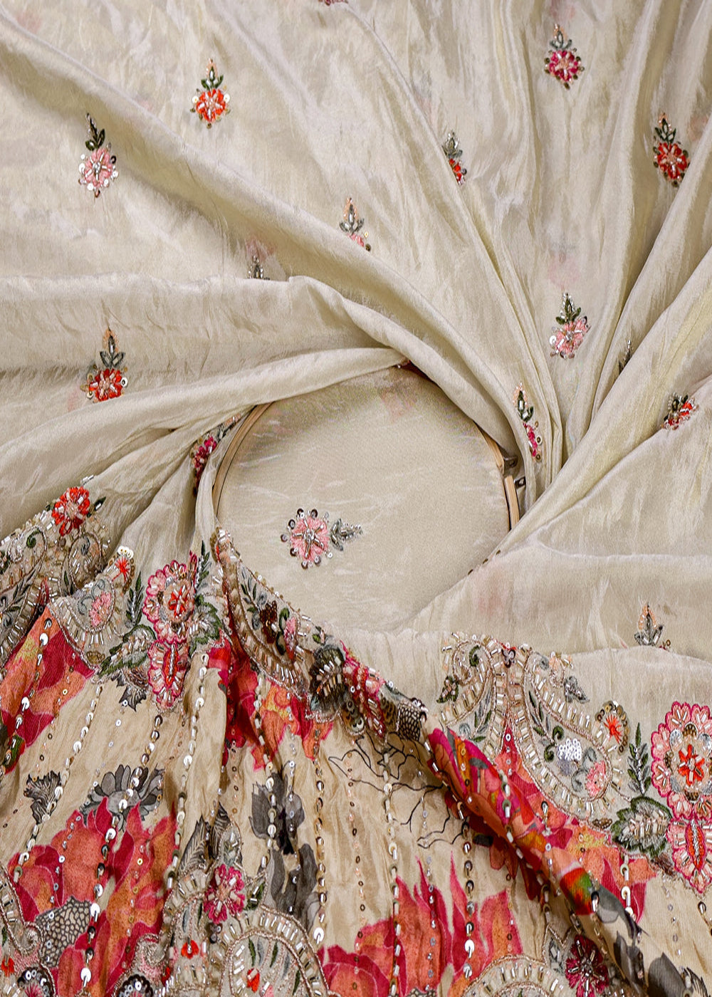 Peach-Pink-Tissue-Fabric-With-All-Over-Buti-Of-Thread,-Sequins-And-Katdana-With-One-Side-Heavy-Work-Border-16360-close-view