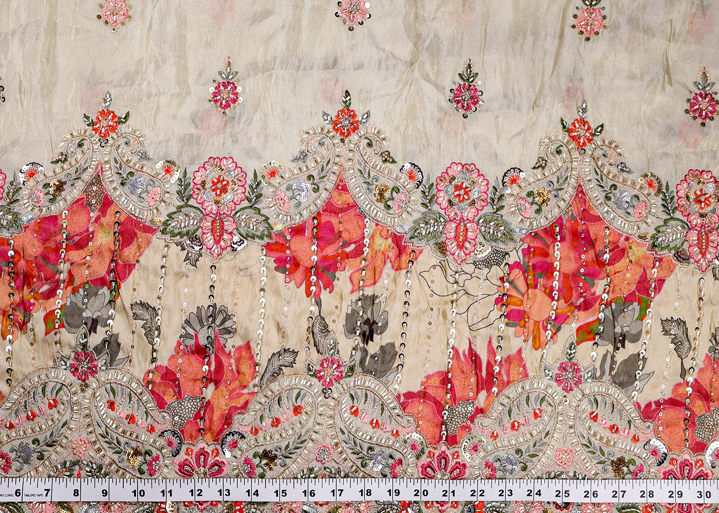 Peach Pink Tissue Fabric With All Over Buti Of Thread, Sequins And Katdana With One Side Heavy Work Border 16360