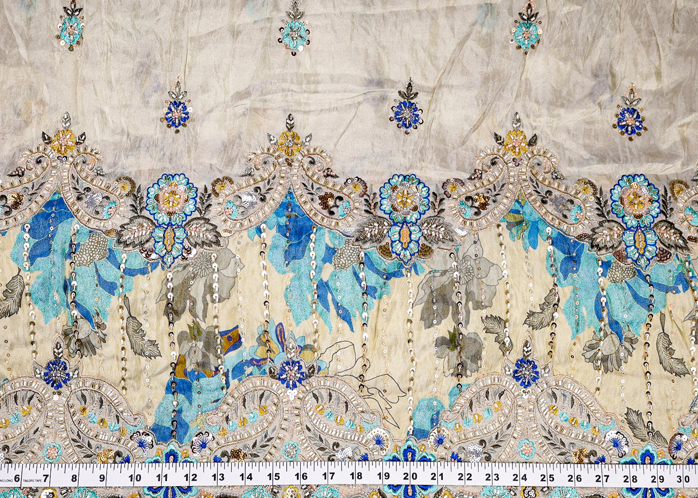 Blue Tissue Fabric With All Over Buti Of Thread, Sequins And Katdana With One Side Heavy Work Border 16362