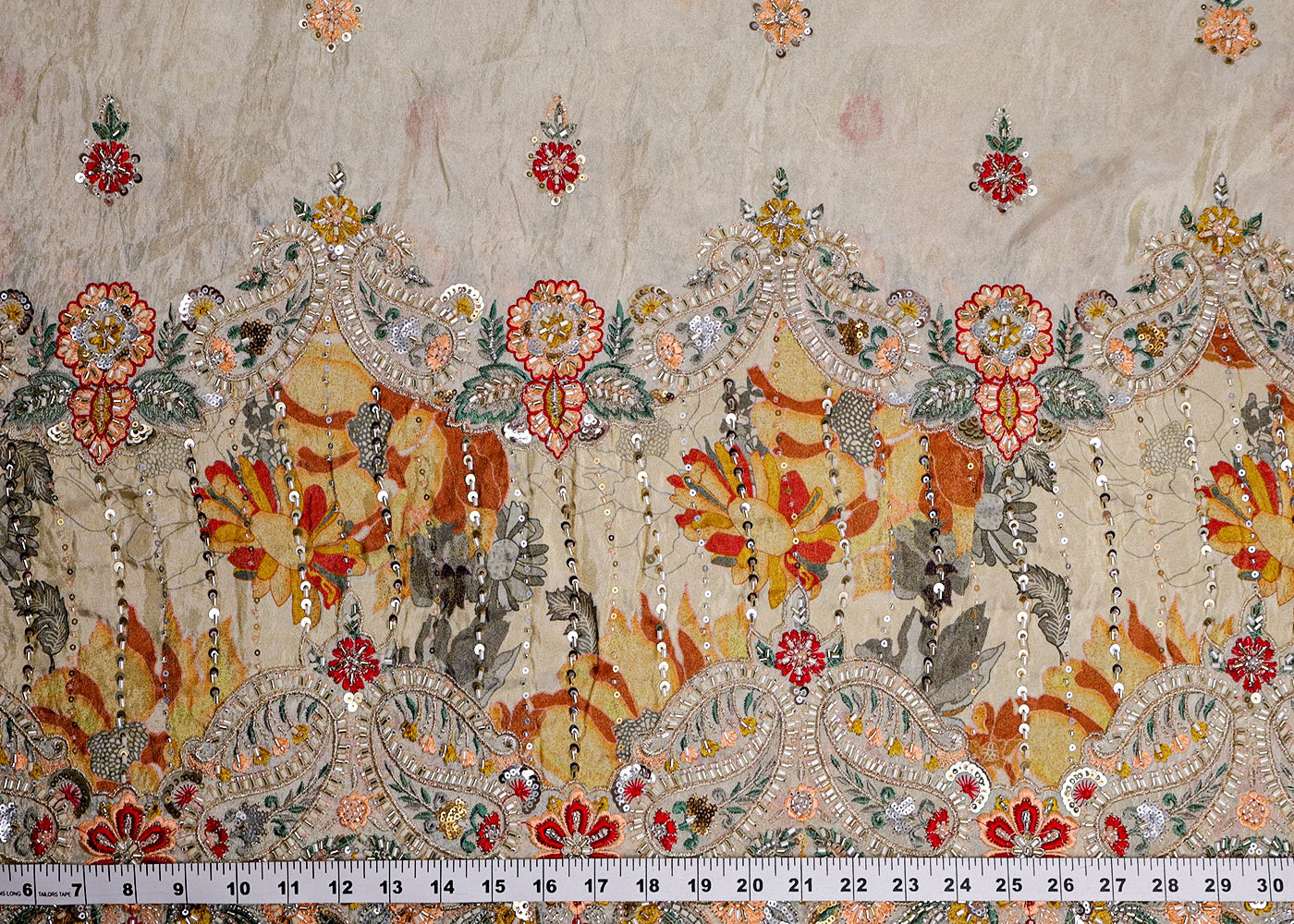 Mustard Tissue Fabric With All Over Buti Of Thread, Sequins And Katdana With One Side Heavy Work Border 16363