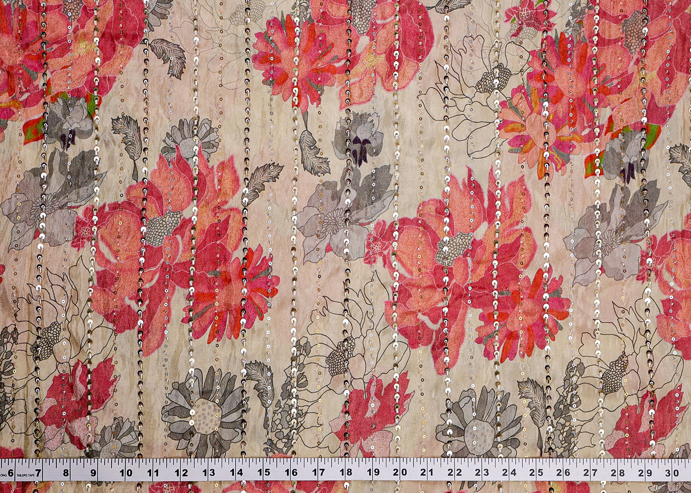 Peach Pink Tissue Fabric With All Over Floral Print And Stripes Of Sequins And Katdana Work 16364