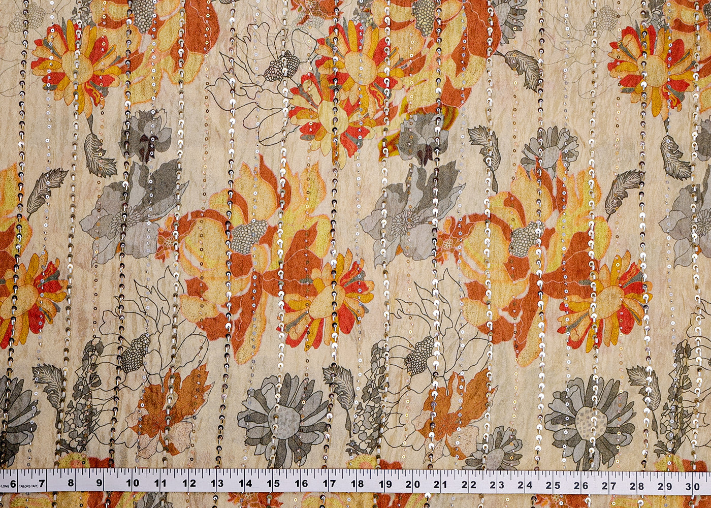 Mustard Tissue Fabric With All Over Floral Print And Stripes Of Sequins And Katdana Work 16365
