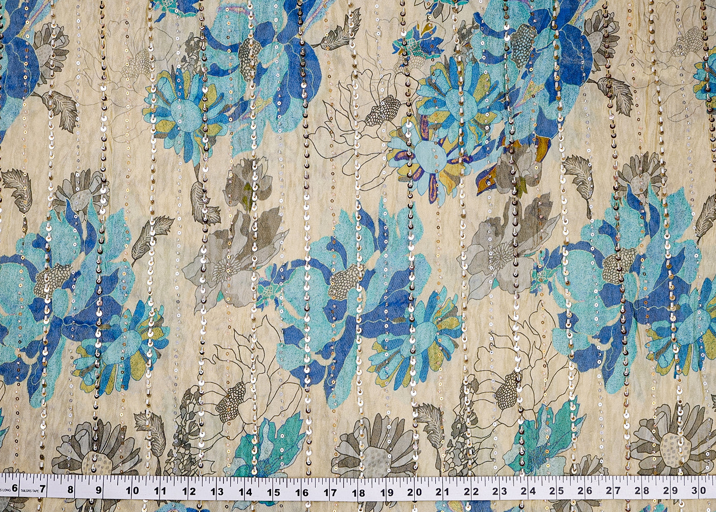 Blue Tissue Fabric With All Over Floral Print And Stripes Of Sequins And Katdana Work 16366