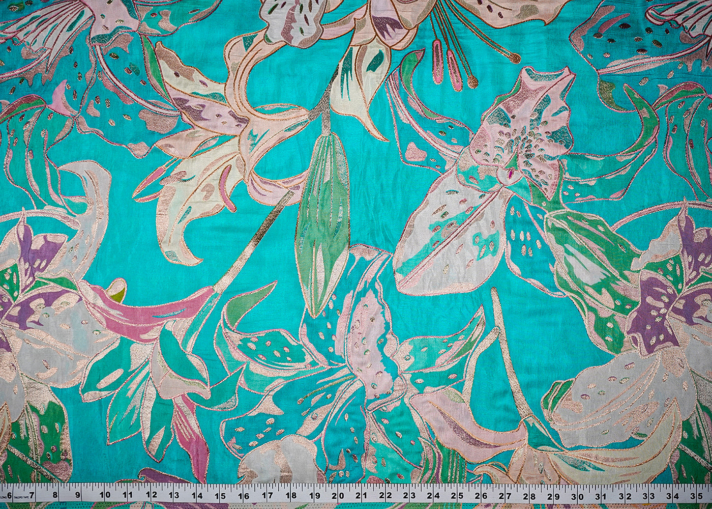 Mint Green Tissue Fabric With All Over Floral Print With Golden Zari Handloom 16372