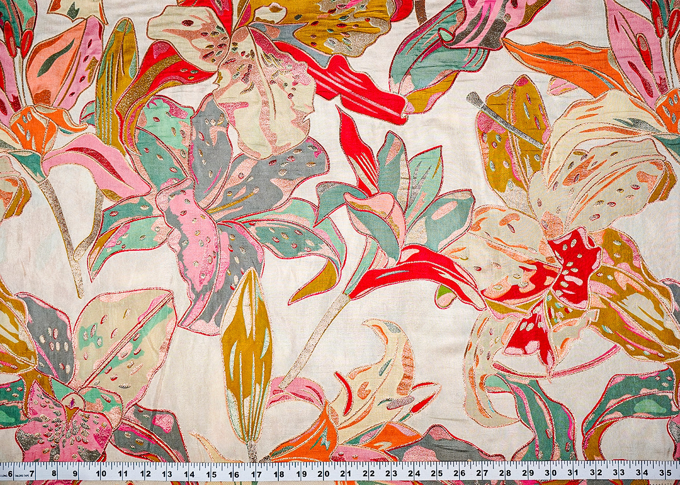 Beige Tissue Fabric With All Over Floral Print With Golden Zari Handloom 16373