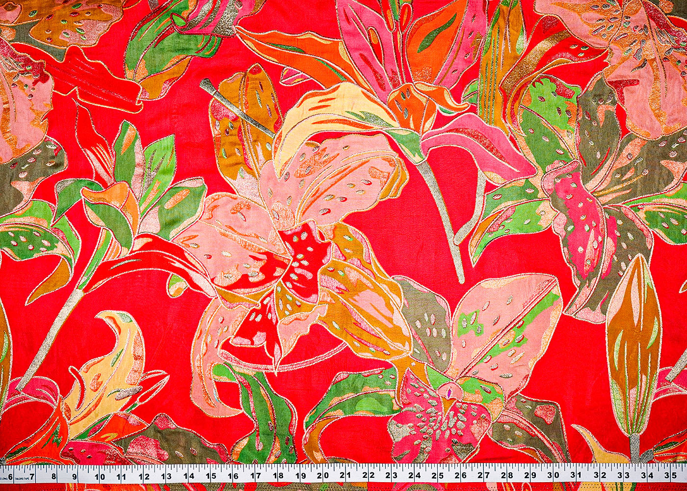 Hot Pink Tissue Fabric With All Over Floral Print With Golden Zari Handloom 16374