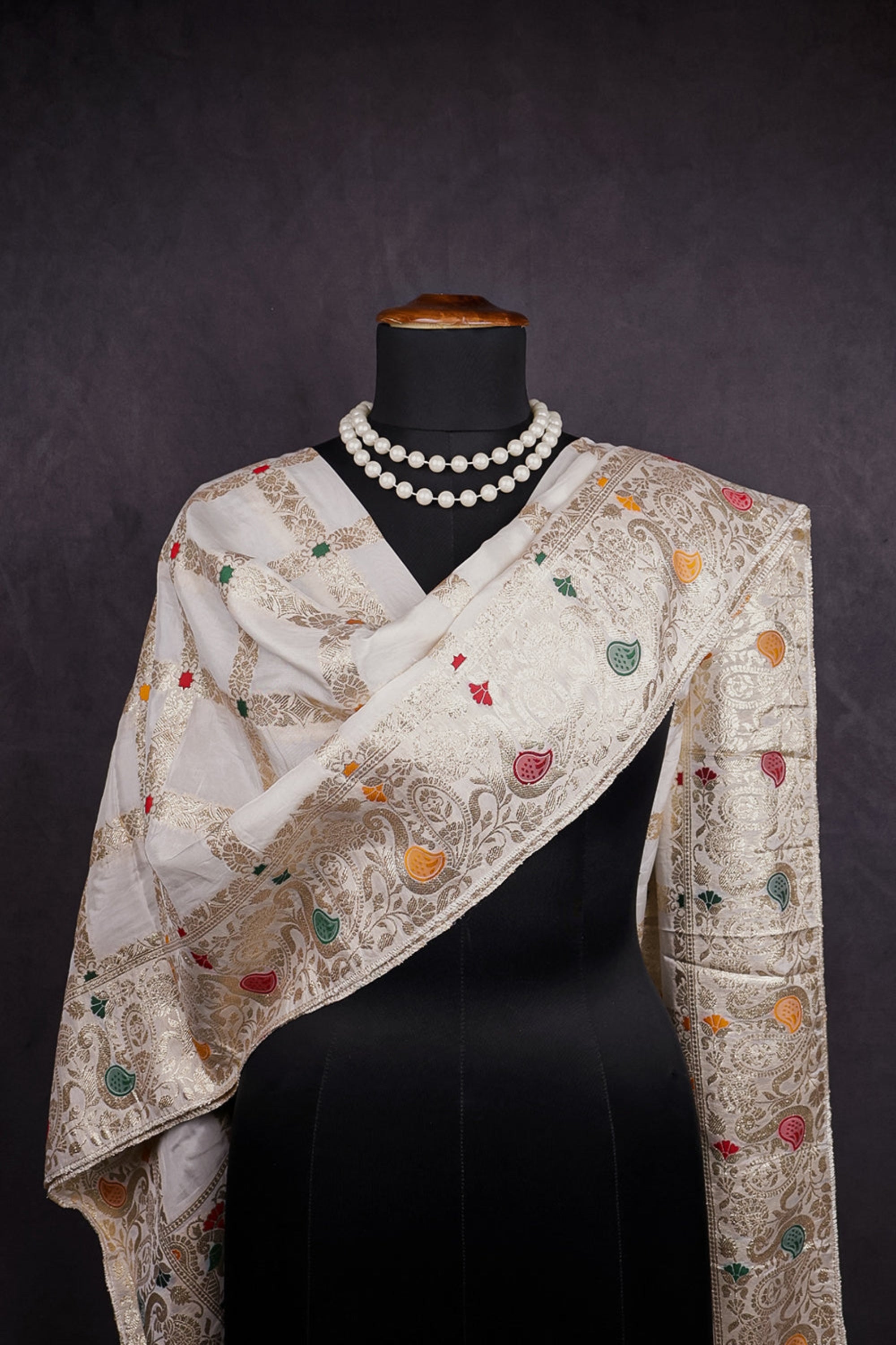 White Dyeable Upara Silk Dupatta With All Over Zari Handloom 16378