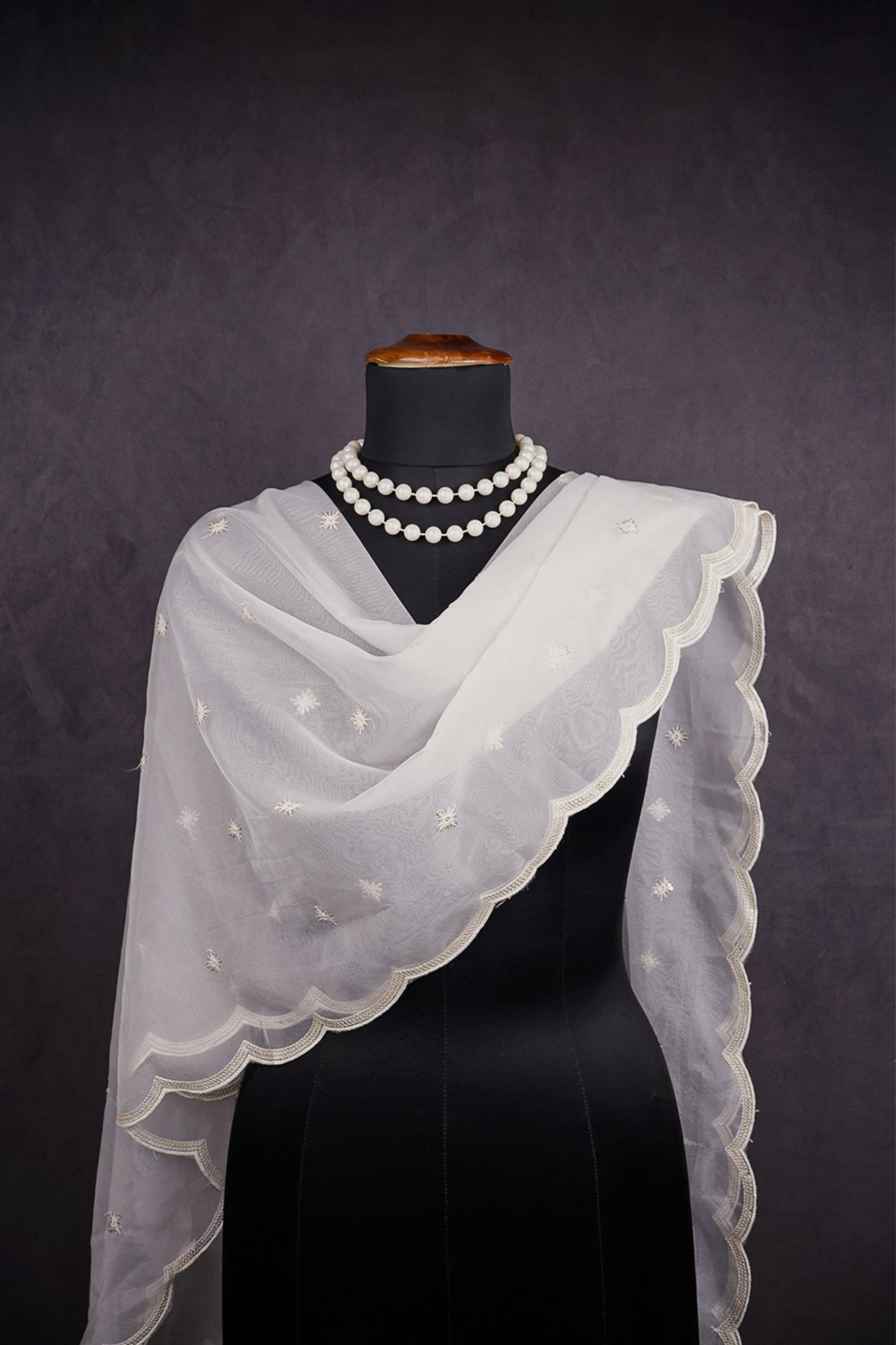 White Dyeable Organza Dupatta With All Over Thread And Sequins Work 16384