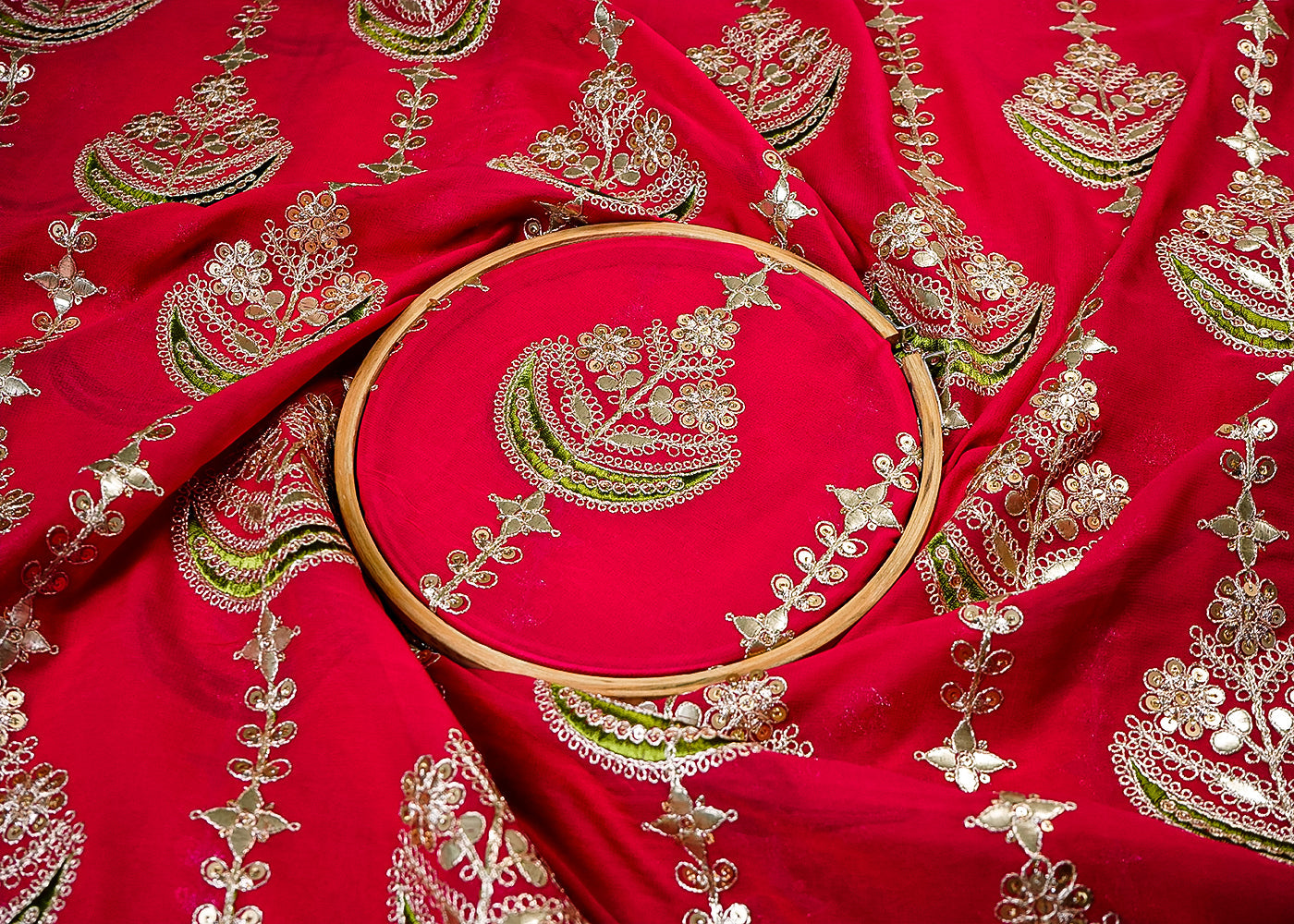 Rani Pink Georgette Fabric With All Over Gota Patti, Thread And Sequins Work With One Side Heavy Border 16391