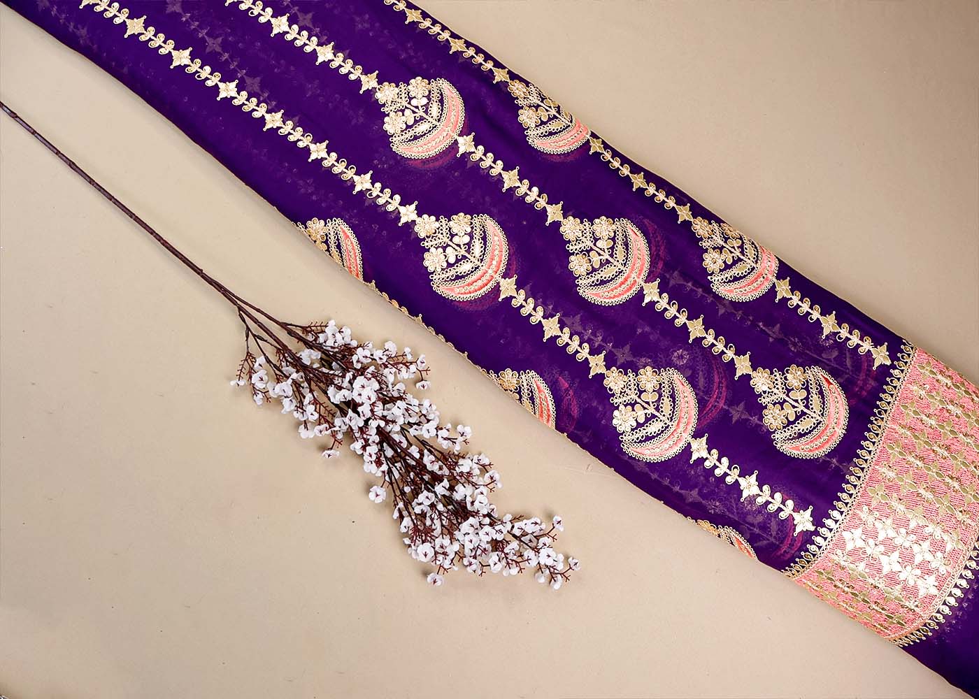 Purple Georgette Fabric With All Over Gota Patti, Thread And Sequins Work With One Side Heavy Border 16392