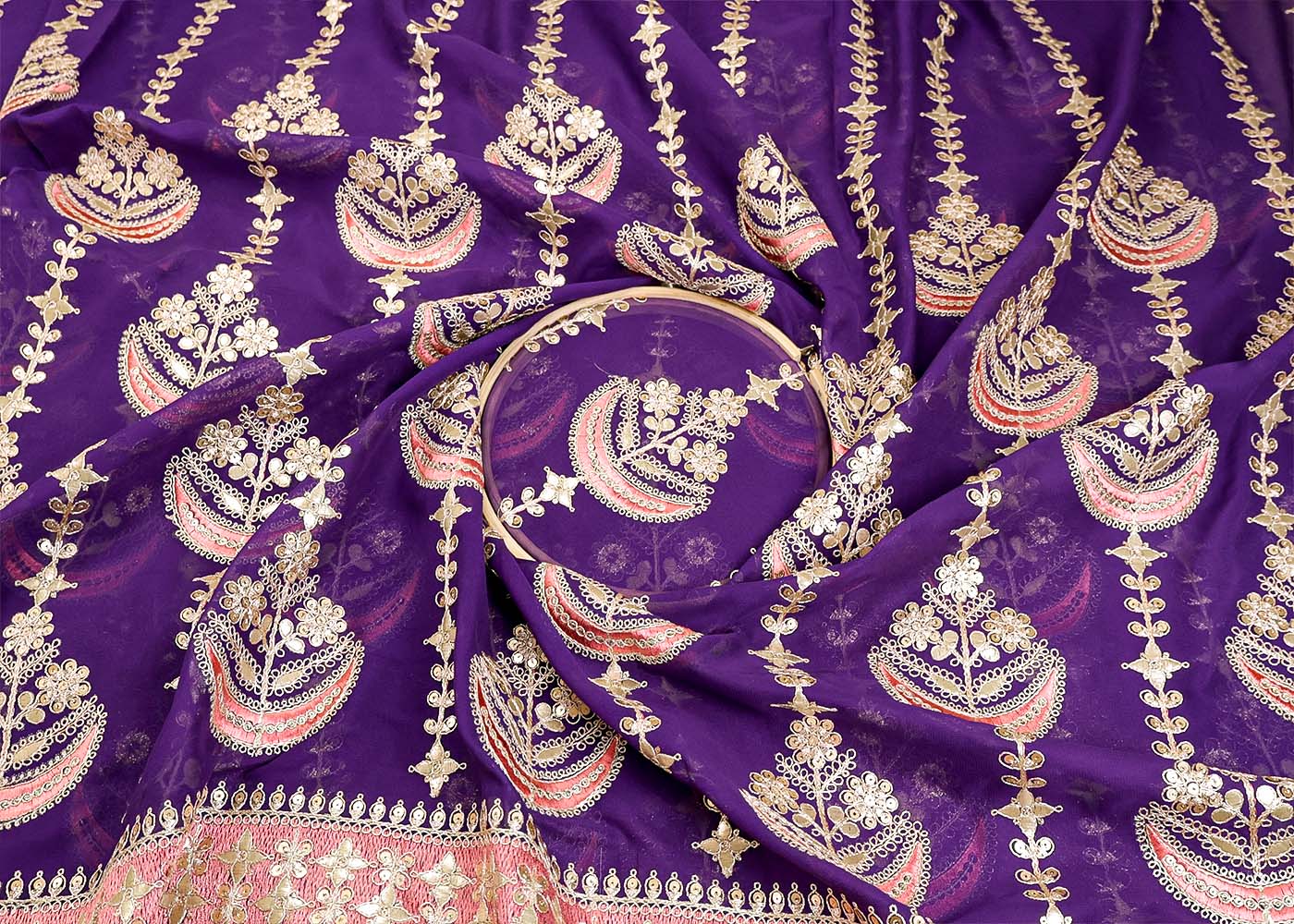 Purple Georgette Fabric With All Over Gota Patti, Thread And Sequins Work With One Side Heavy Border 16392