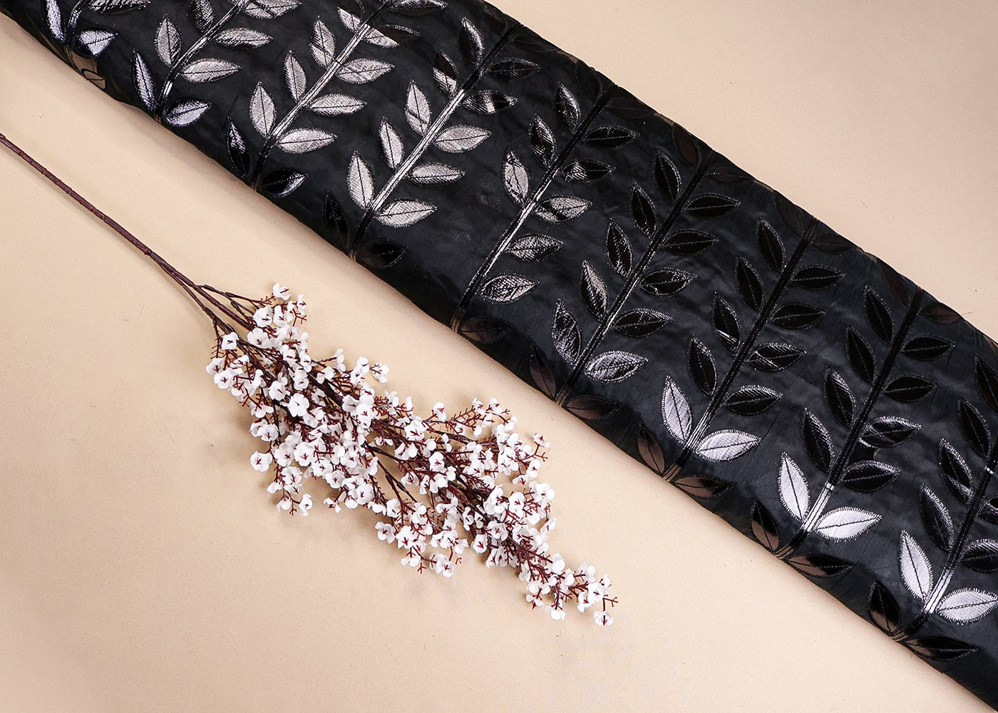 Black Organza Fabric With All Over Leaves Of Foil And Threadwork 16399