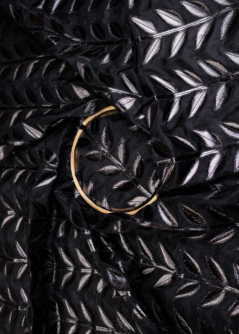 Black-Organza-Fabric-With-All-Over-Leaves-Of-Foil-And-Threadwork-16399-close-view