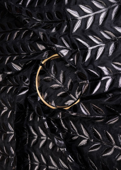 Black Organza Fabric With All Over Leaves Of Foil And Threadwork 16399