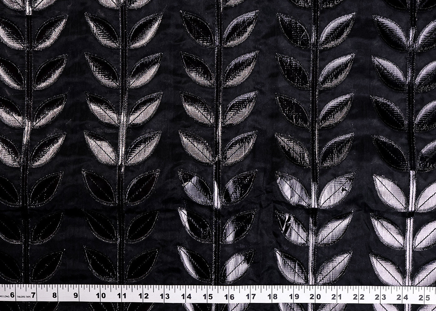 Black Organza Fabric With All Over Leaves Of Foil And Threadwork 16399