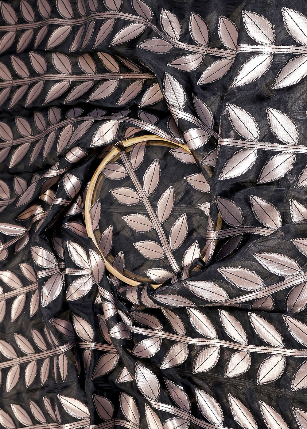 Rose-Gold-Organza-Fabric-With-All-Over-Leaves-Of-Foil-And-Threadwork-16400-close-view