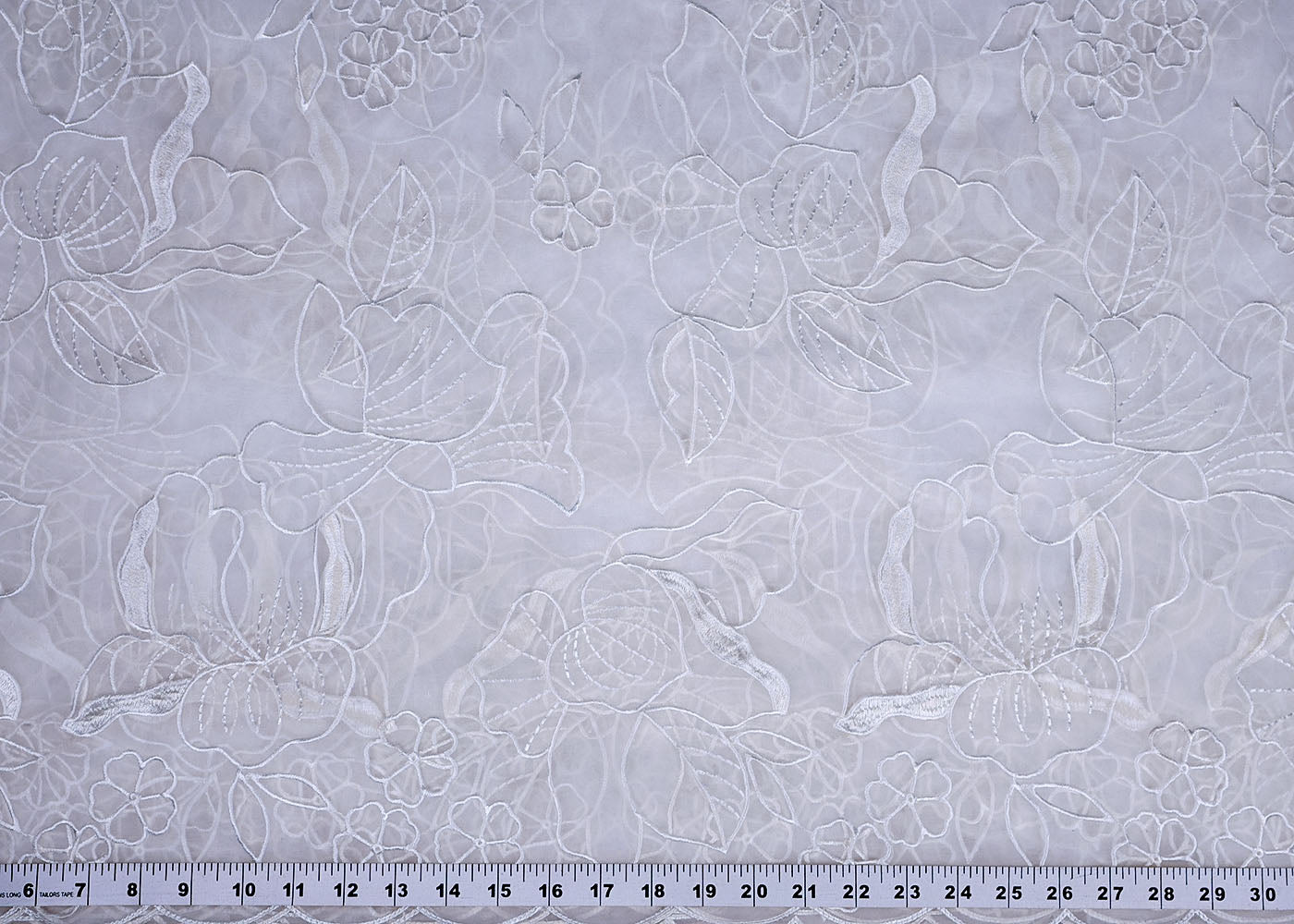 White Organza Fabric With All Over Thread And Cutwork 16402