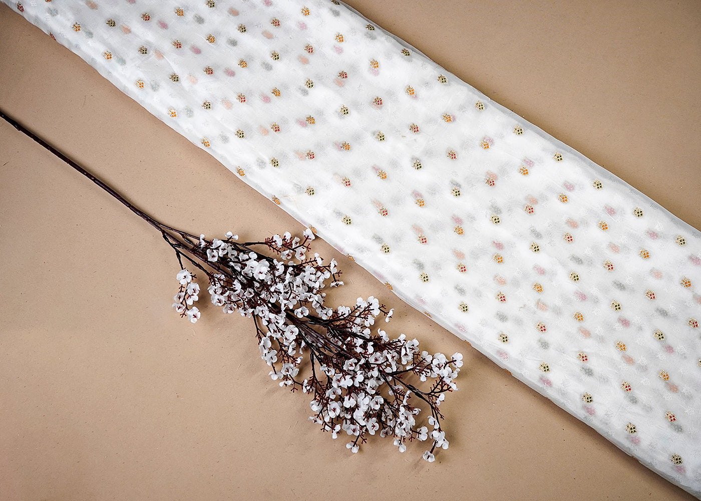 White Upada Silk Fabric With All Over Thread And Zari Work 16421