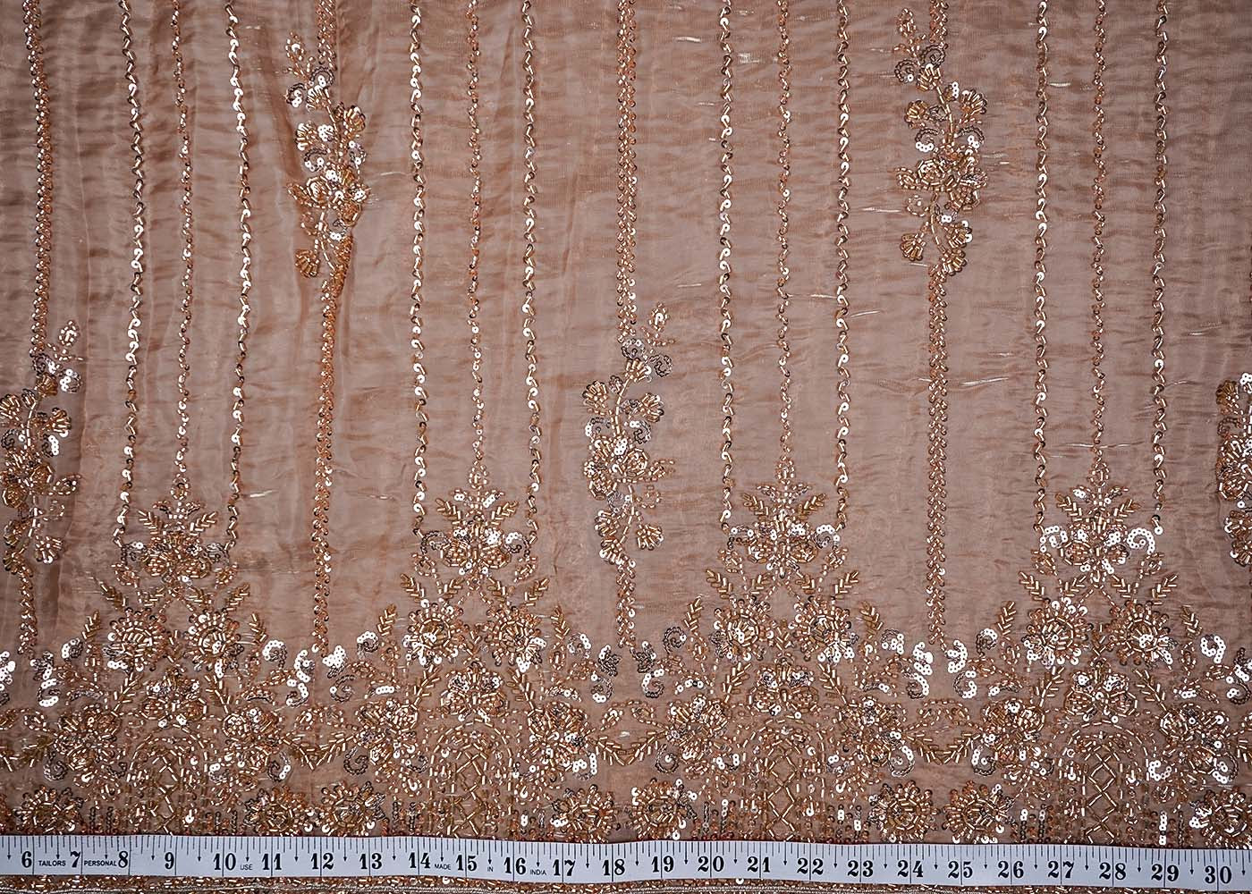 Golden Imported Organza Satin Fabric With All Over Sequins, Katdana And Bead Work With One Side Heavy Border 16430