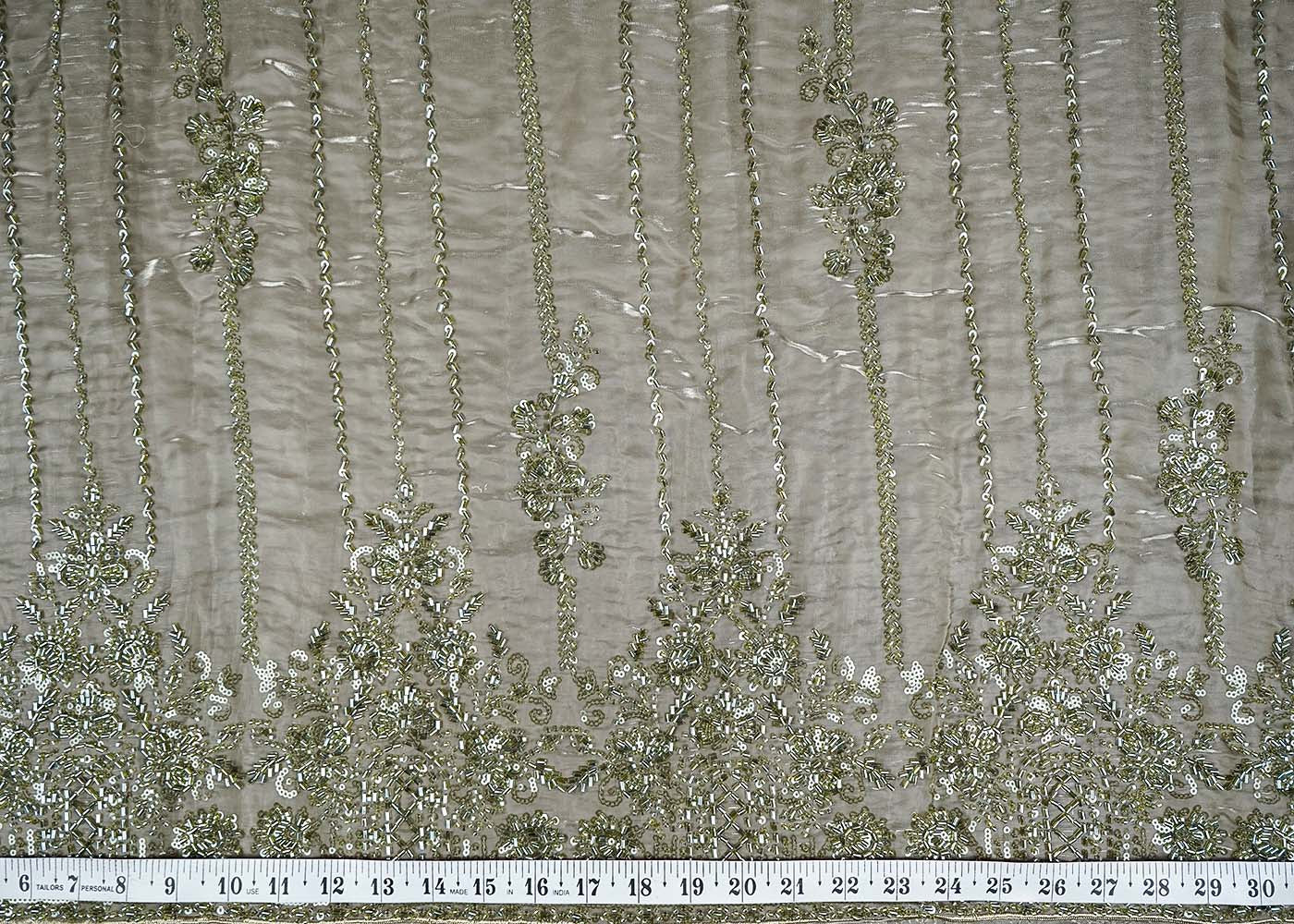 Olive Green Imported Organza Satin Fabric With All Over Sequins, Katdana And Bead Work With One Side Heavy Border 16431