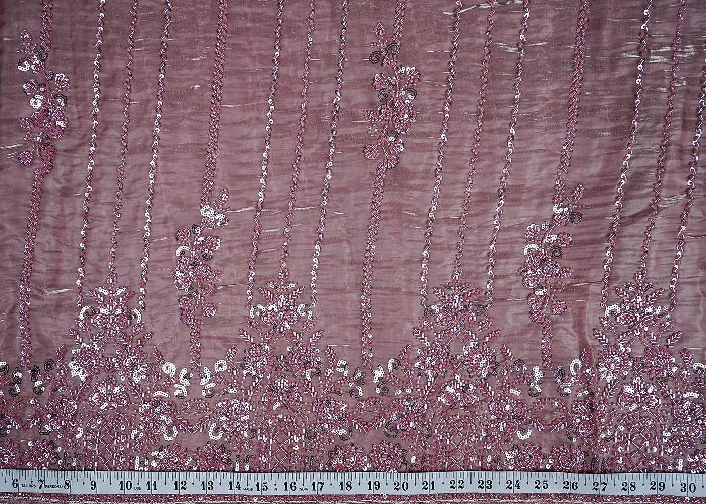 Blush Pink Imported Organza Satin Fabric With All Over Sequins, Katdana And Bead Work With One Side Heavy Border 16432