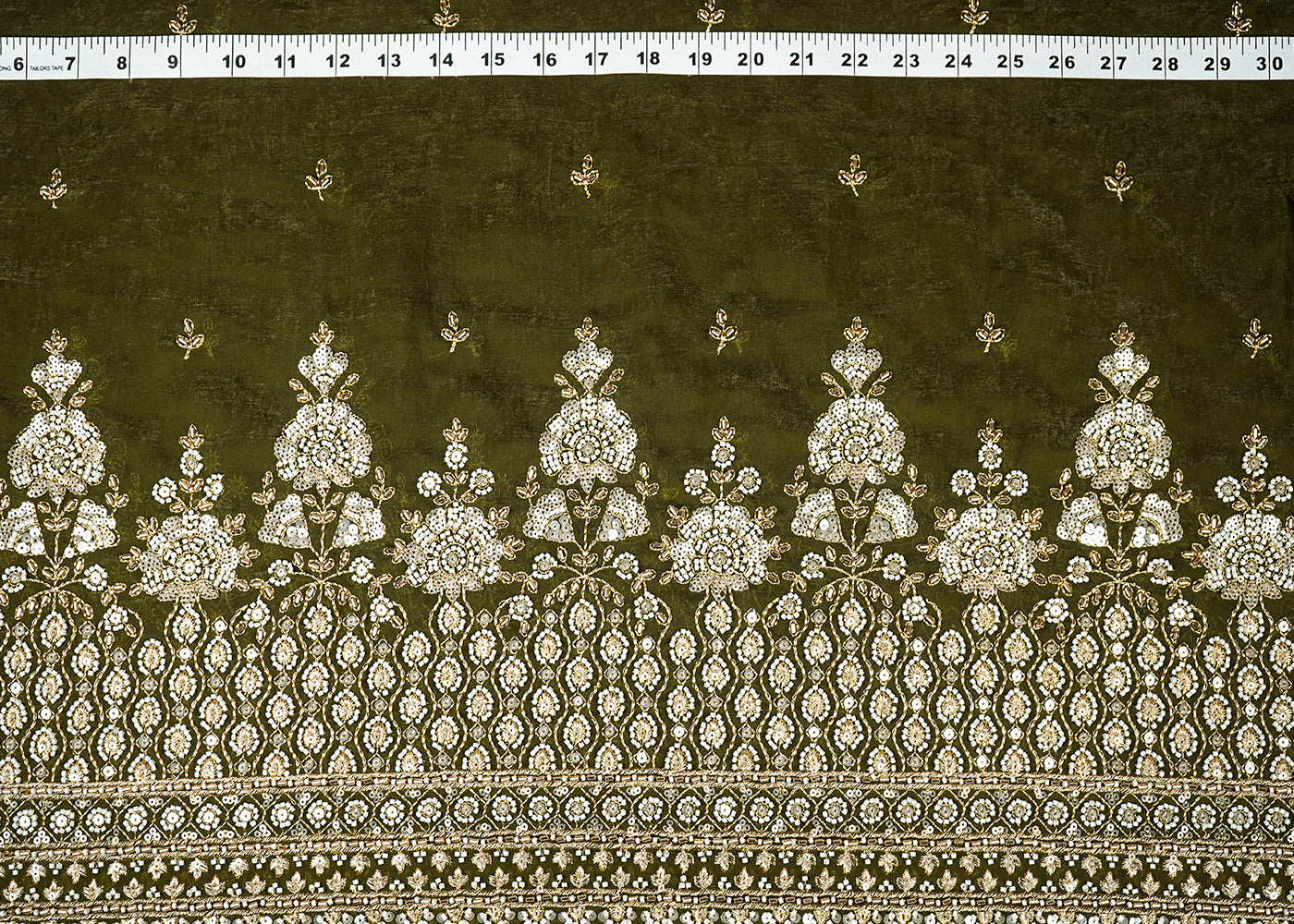 Mehendi Green Diamond Silk Fabric With All Over Zari Sequins, Katdana And Bead Work With One Side Scalloped Border 16434